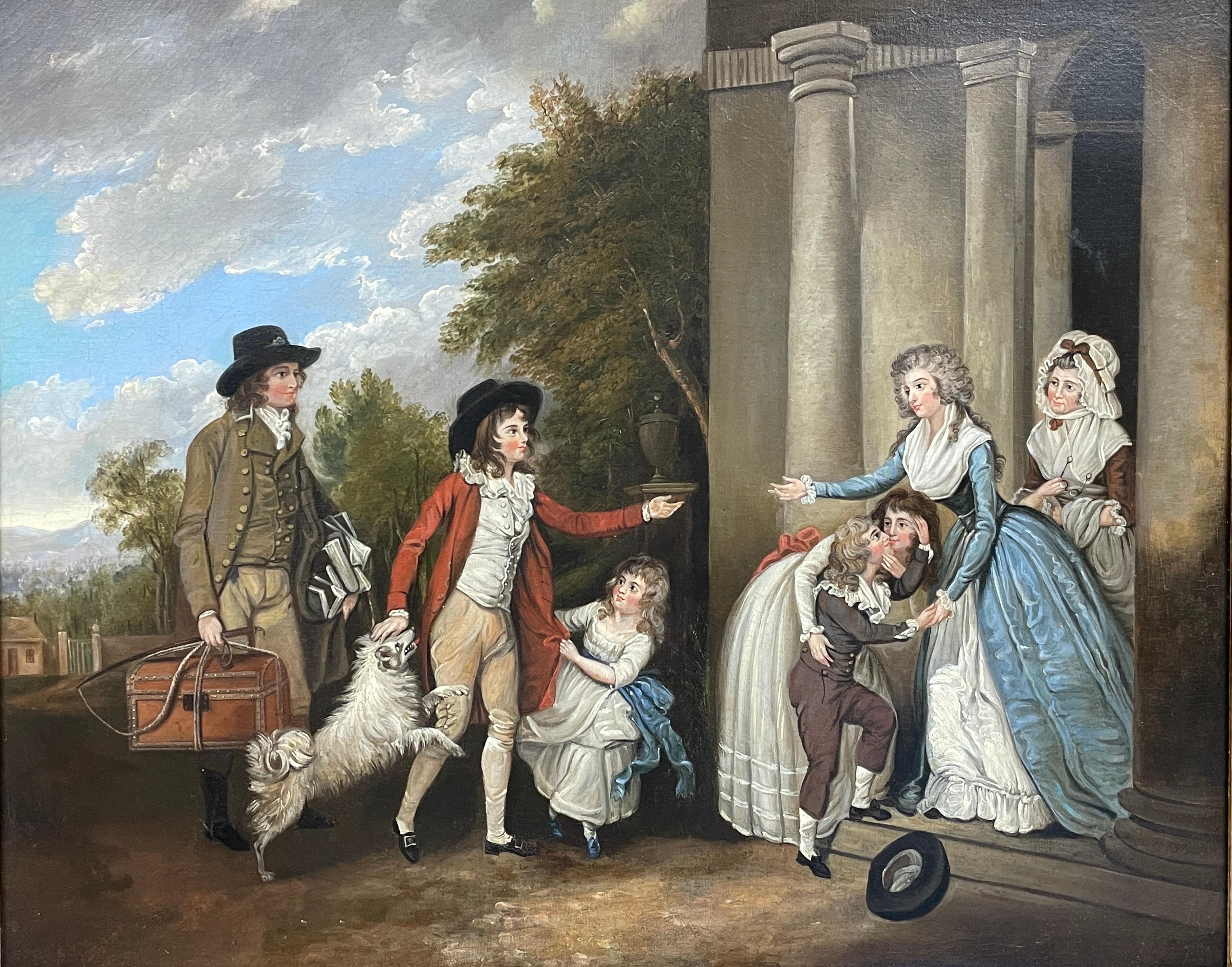 Fine English Georgian Oil Family Welcoming Son back From School Country House - Painting by English 1820's