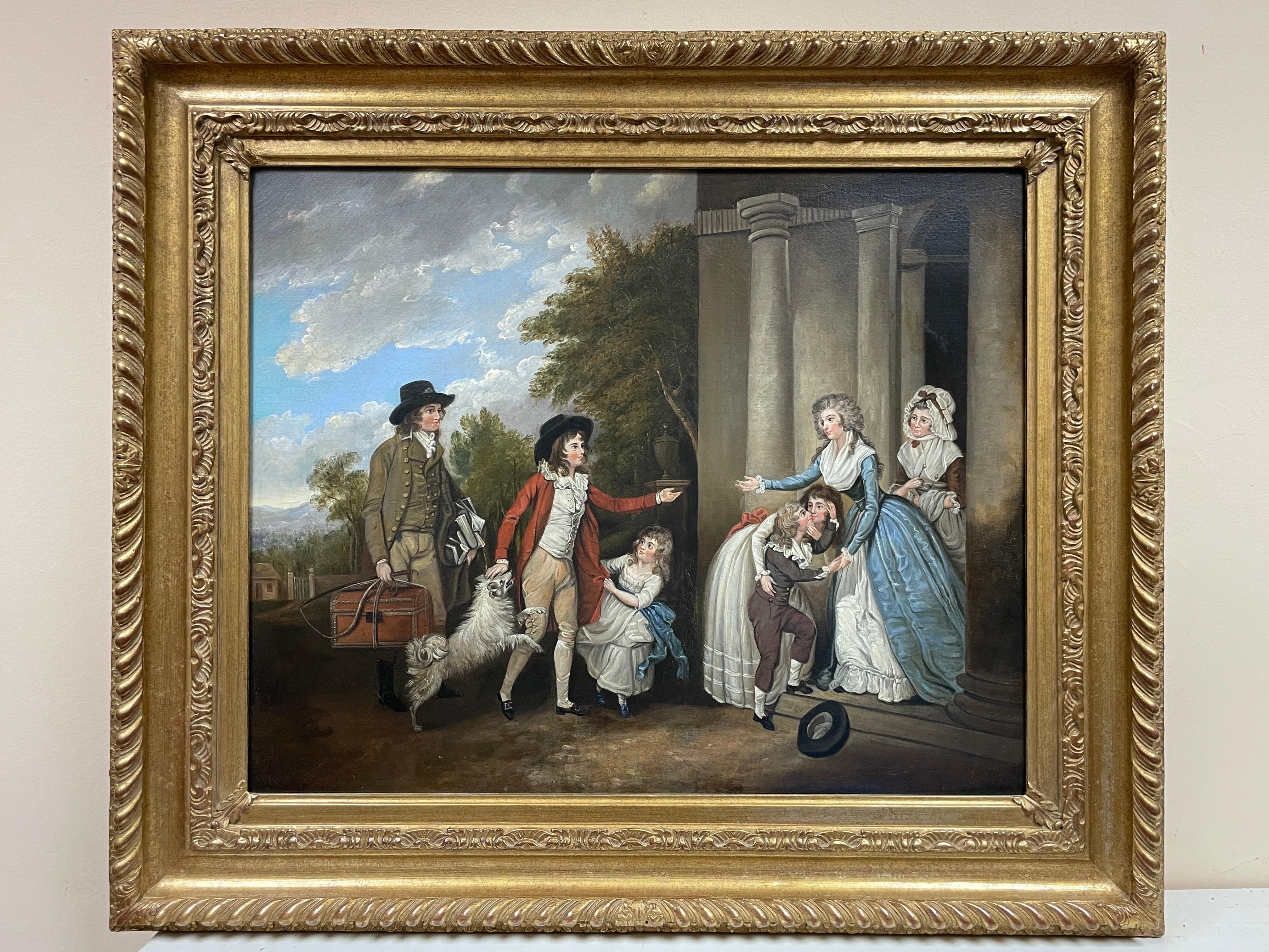 Fine English Georgian Oil Family Welcoming Son back From School Country House - Old Masters Painting by English 1820's