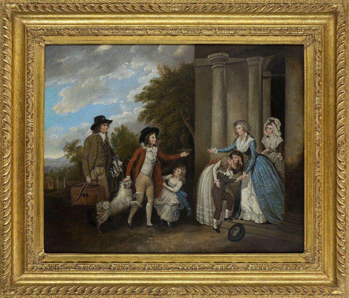 English 1820's Portrait Painting - Fine English Georgian Oil Family Welcoming Son back From School Country House