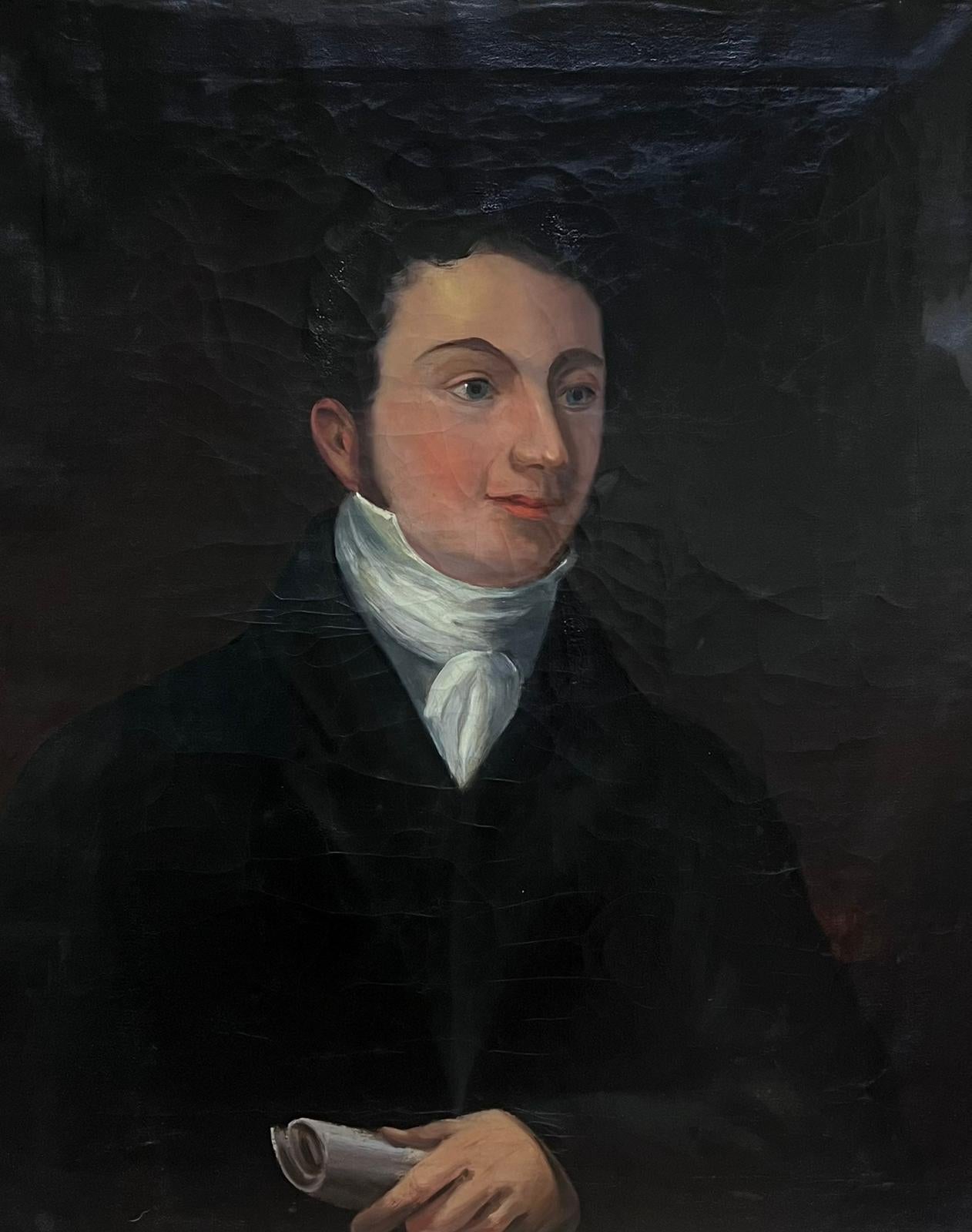 Très grand portrait anglais des années 1820, Dapper Young Gentleman, période dramatique - Painting de English 1820's