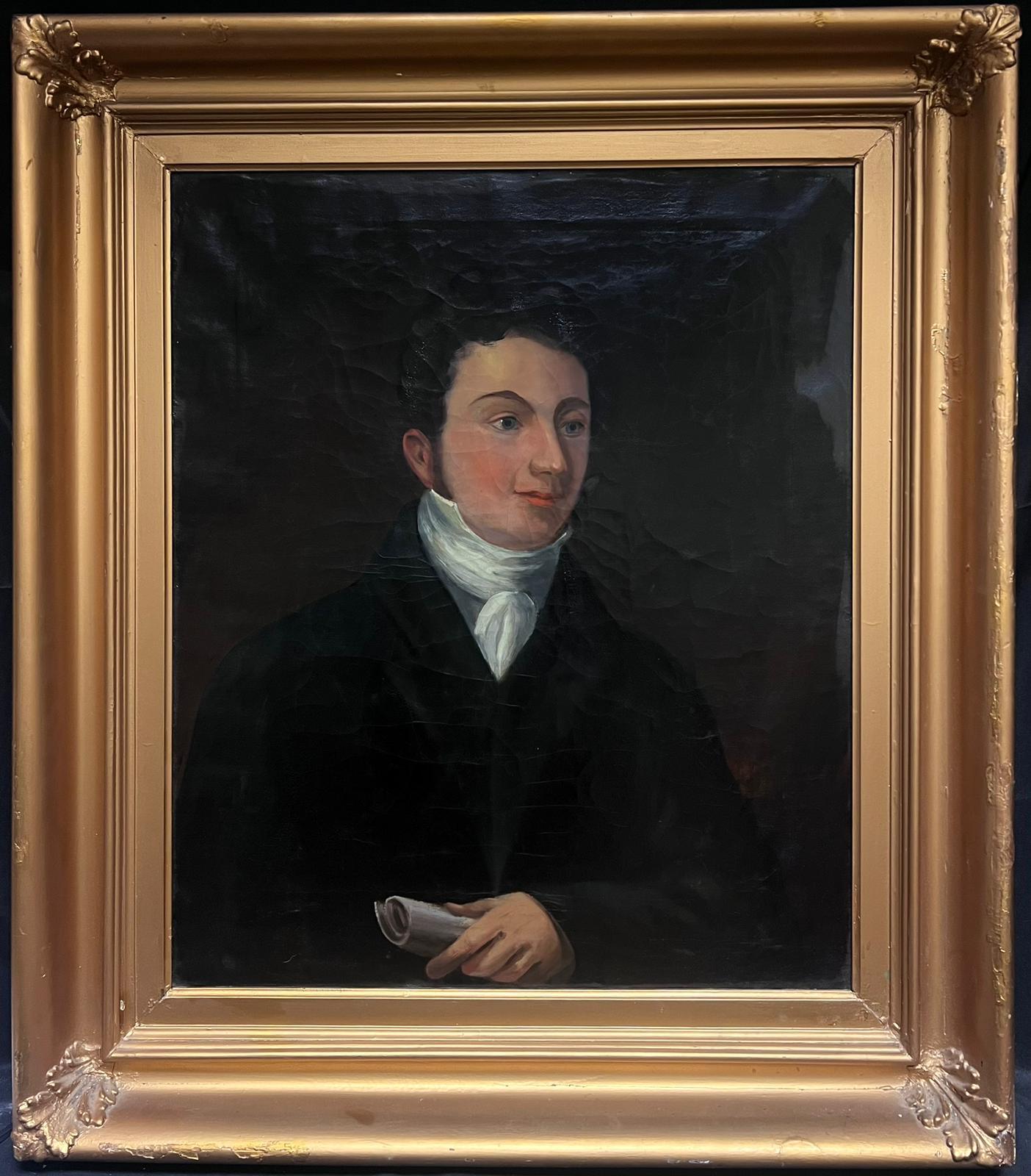 English 1820's Portrait Painting – Sehr großes englisches Porträt, Dapper Young Gentleman Periode, Drama, Öl, 1820er Jahre