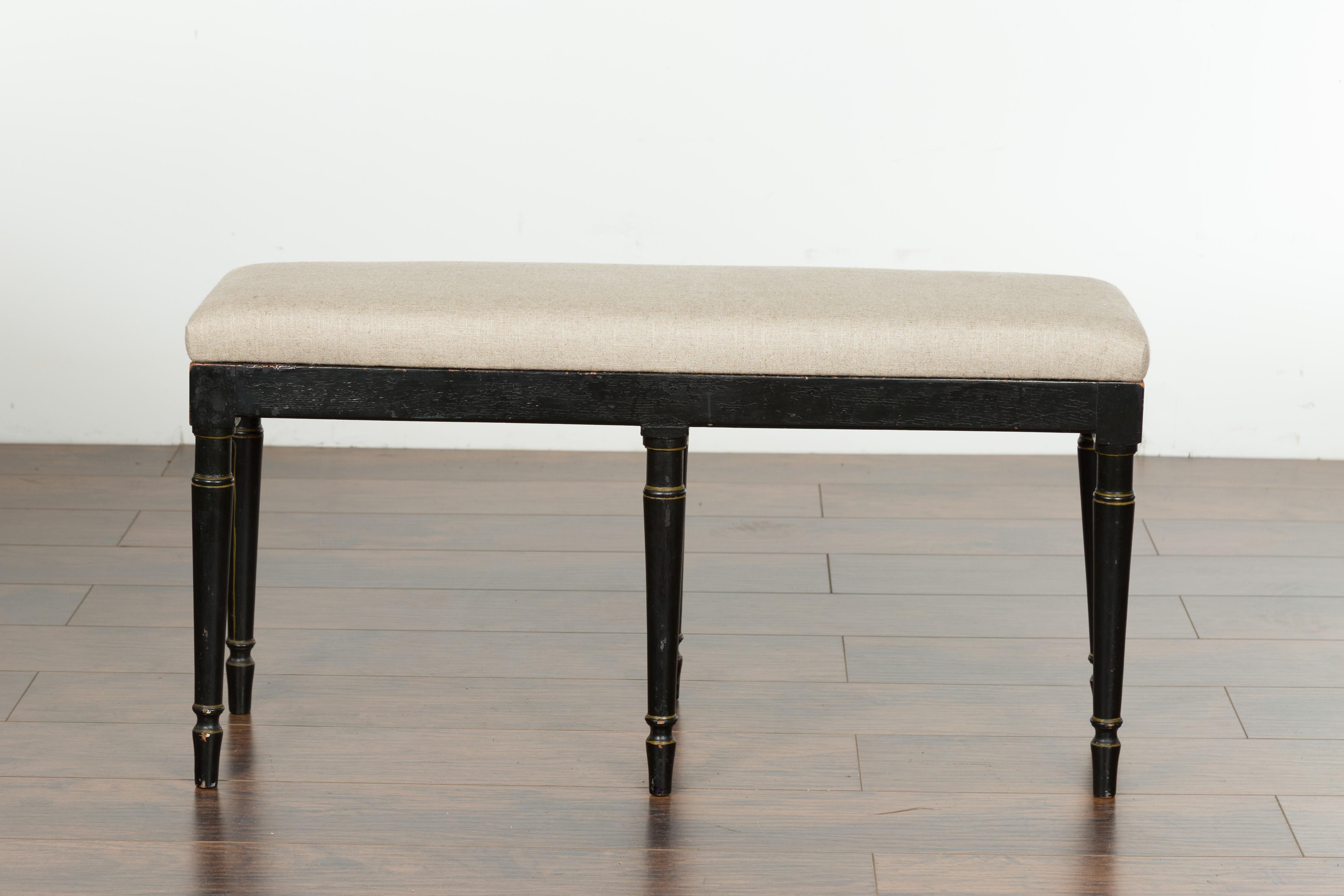 English 1820s Regency Period Black Bench with Painted Foliage and New Upholstery For Sale 5