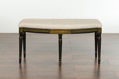 English 1820s Regency Period Black Bench with Painted Foliage and New Upholstery