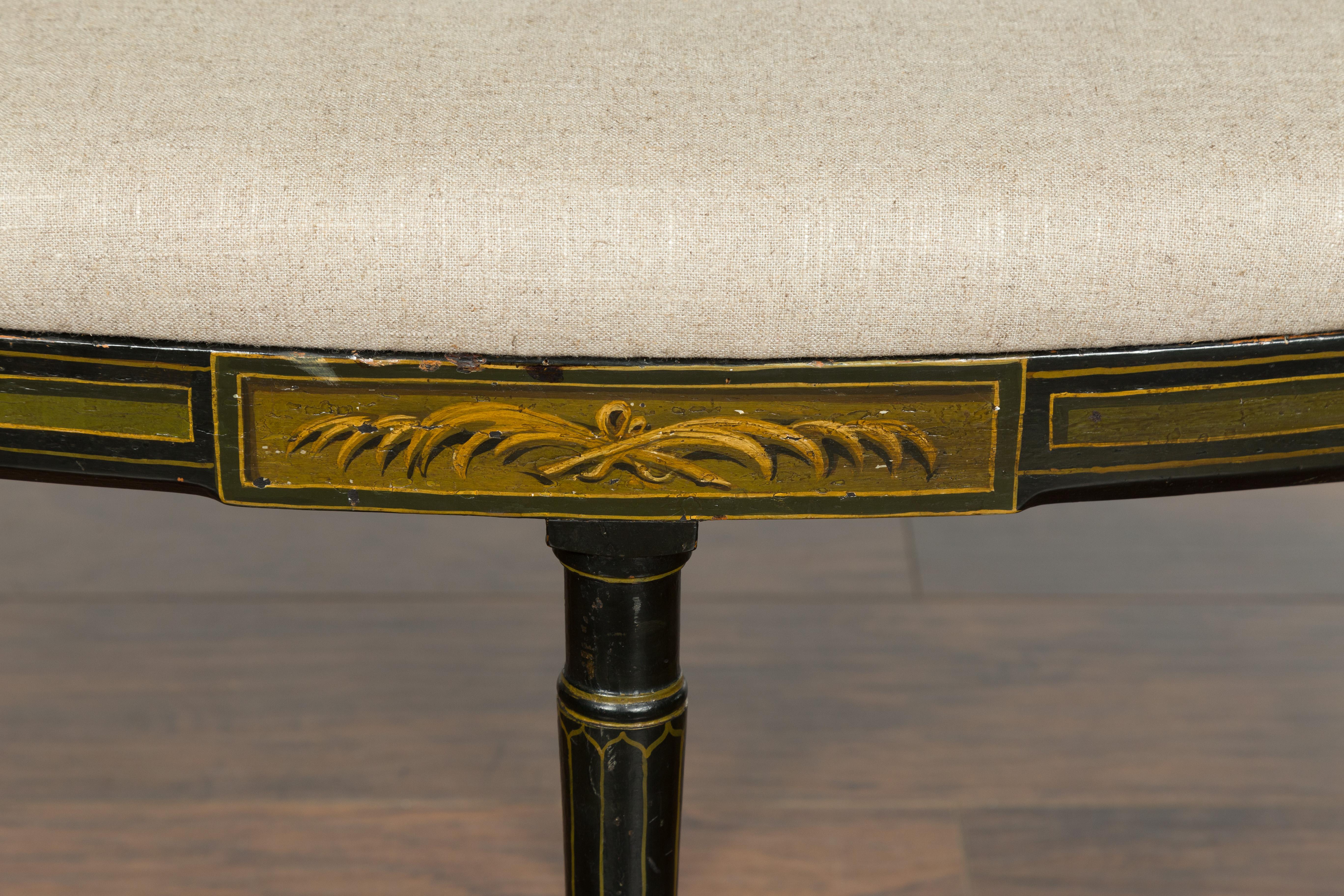 English 1820s Regency Period Black Bench with Painted Foliage and New Upholstery For Sale 1