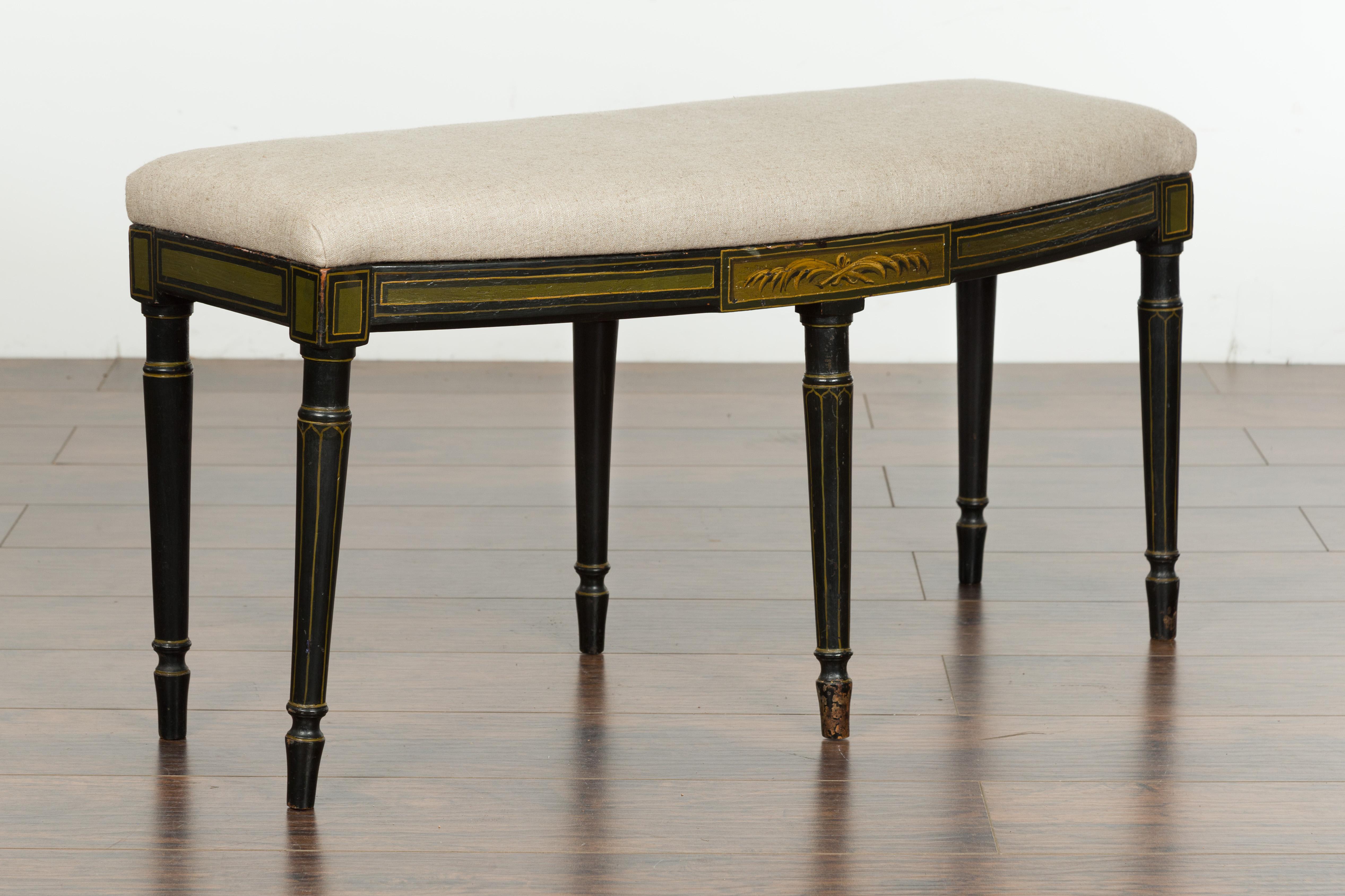 English 1820s Regency Period Black Bench with Painted Foliage and New Upholstery For Sale 3