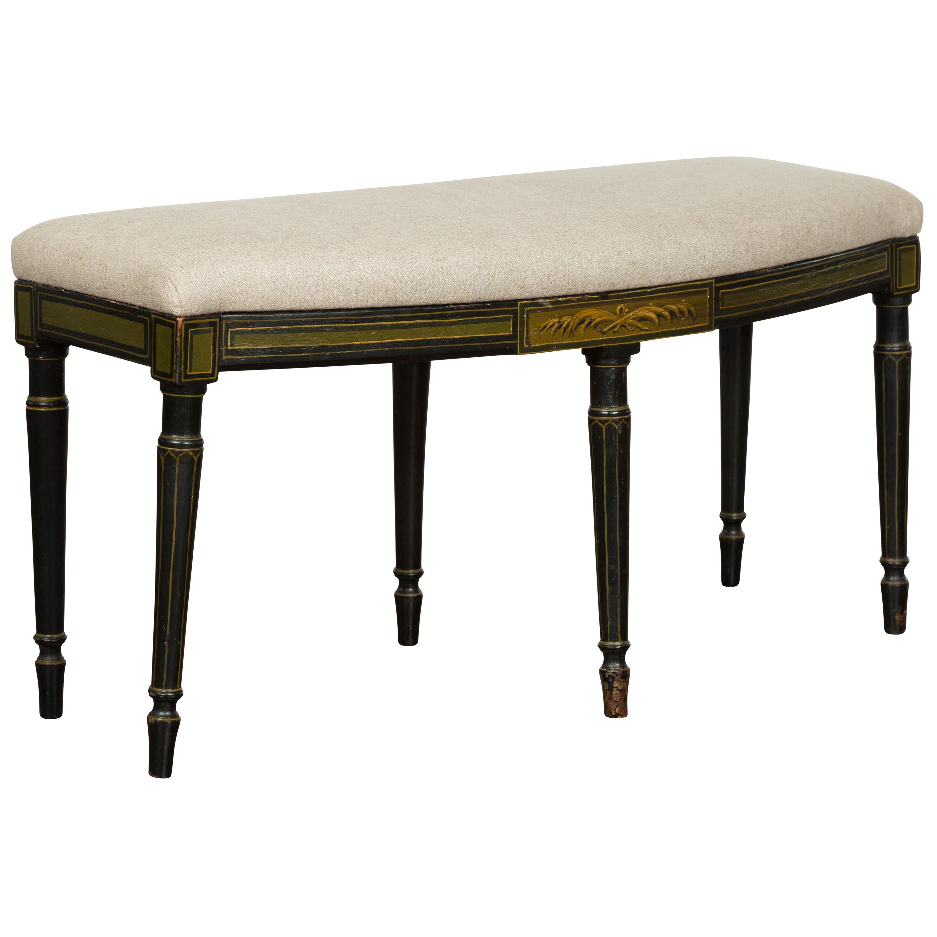 English 1820s Regency Period Black Bench with Painted Foliage and New Upholstery For Sale