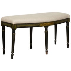 Antique English 1820s Regency Period Black Bench with Painted Foliage and New Upholstery