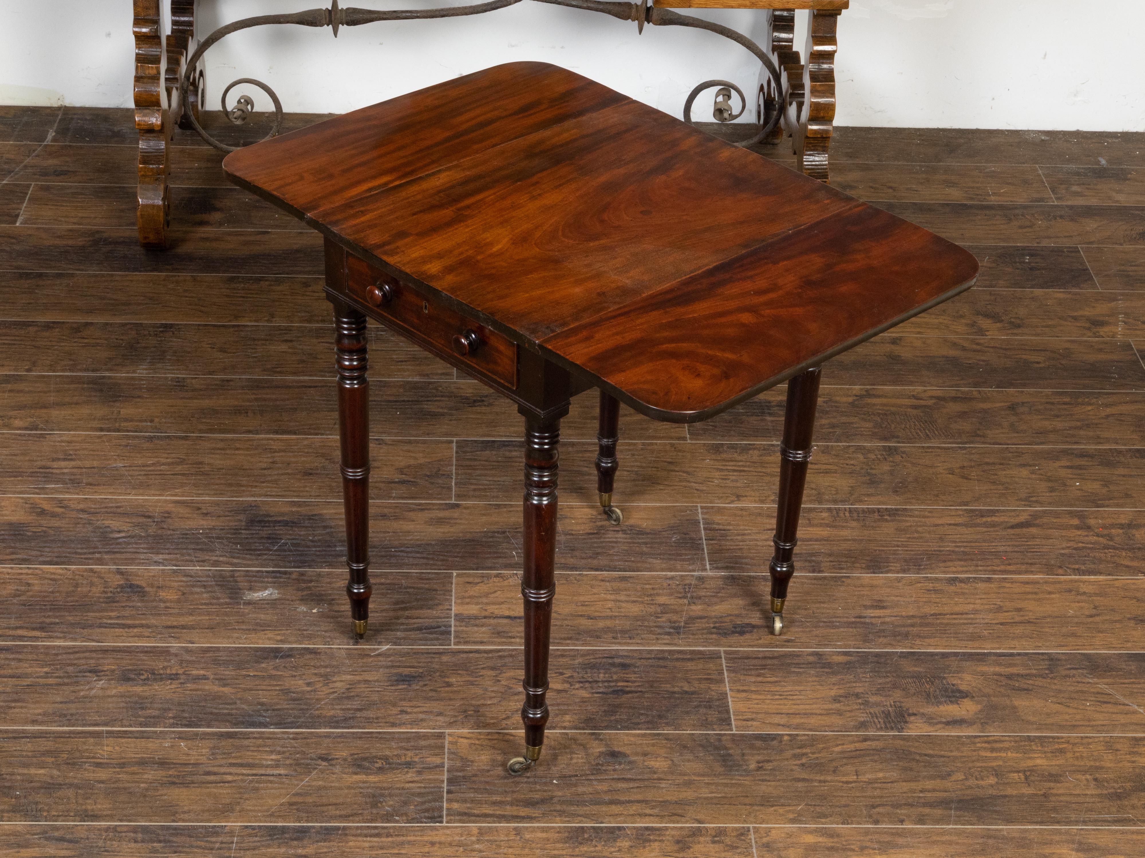 English 1820s Regency Period Mahogany Pembroke Table with Drawer and Turned Legs 4