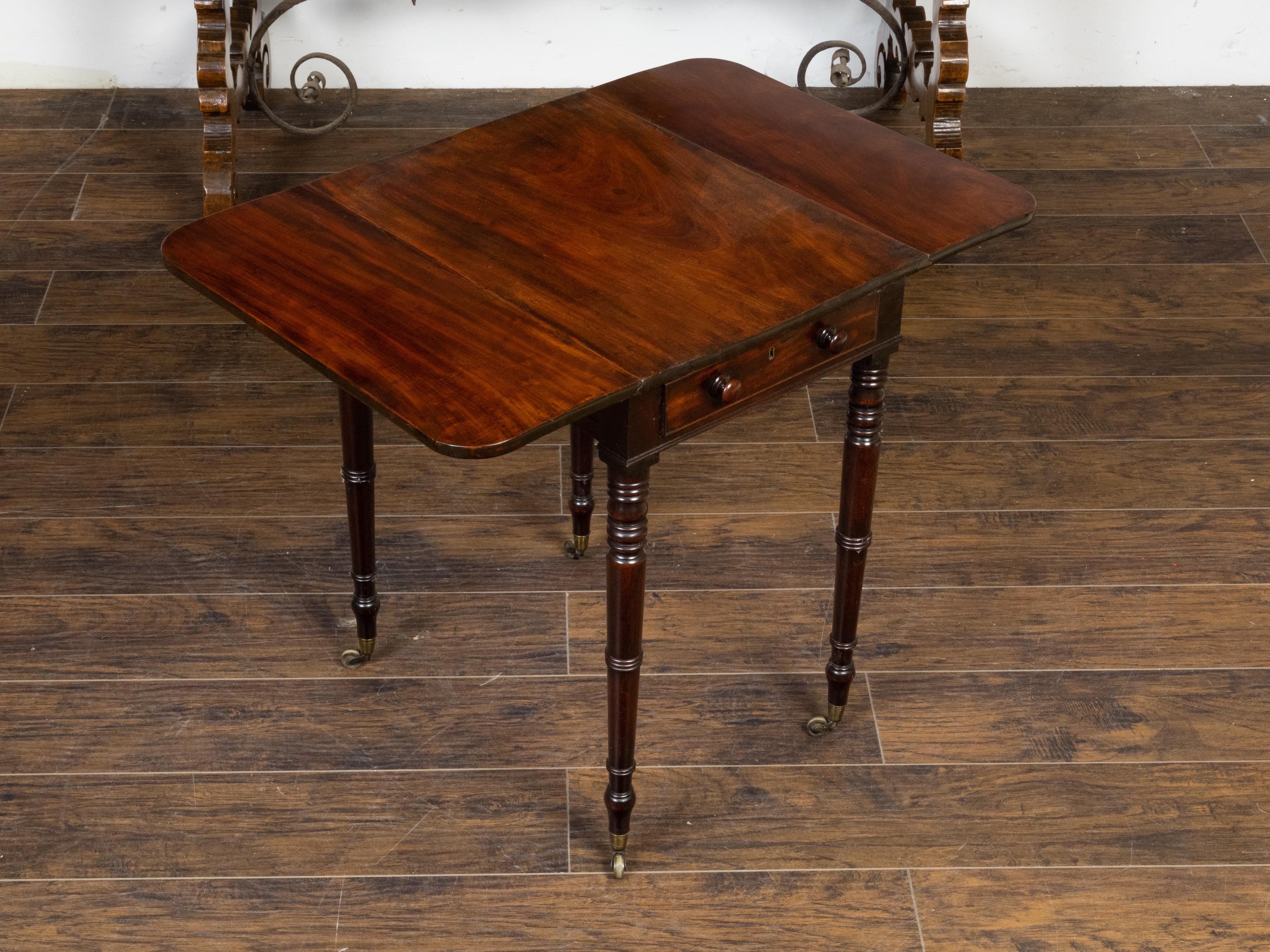 Brass English 1820s Regency Period Mahogany Pembroke Table with Drawer and Turned Legs