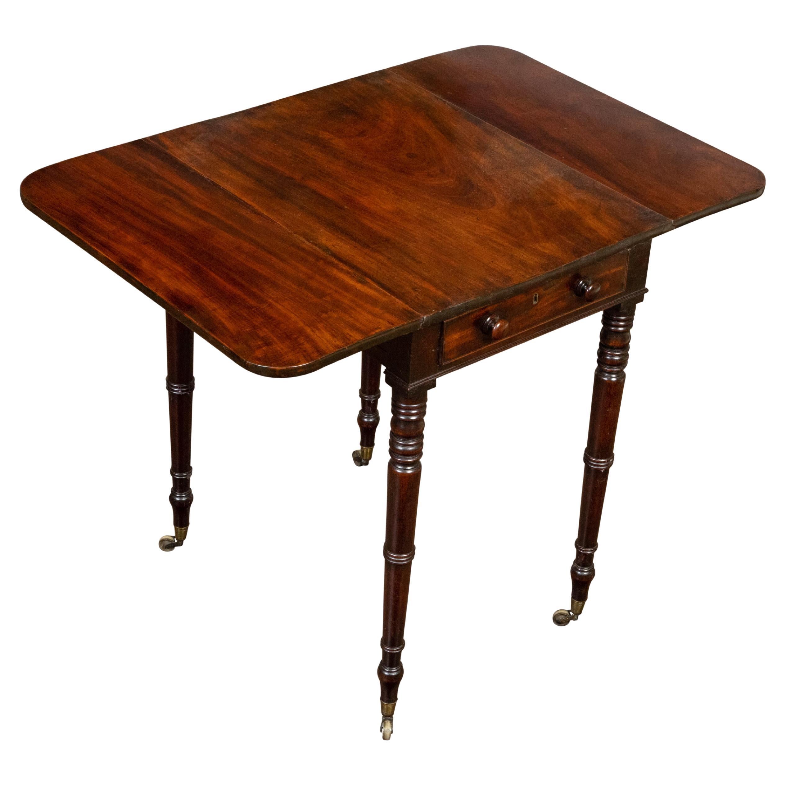English 1820s Regency Period Mahogany Pembroke Table with Drawer and Turned Legs