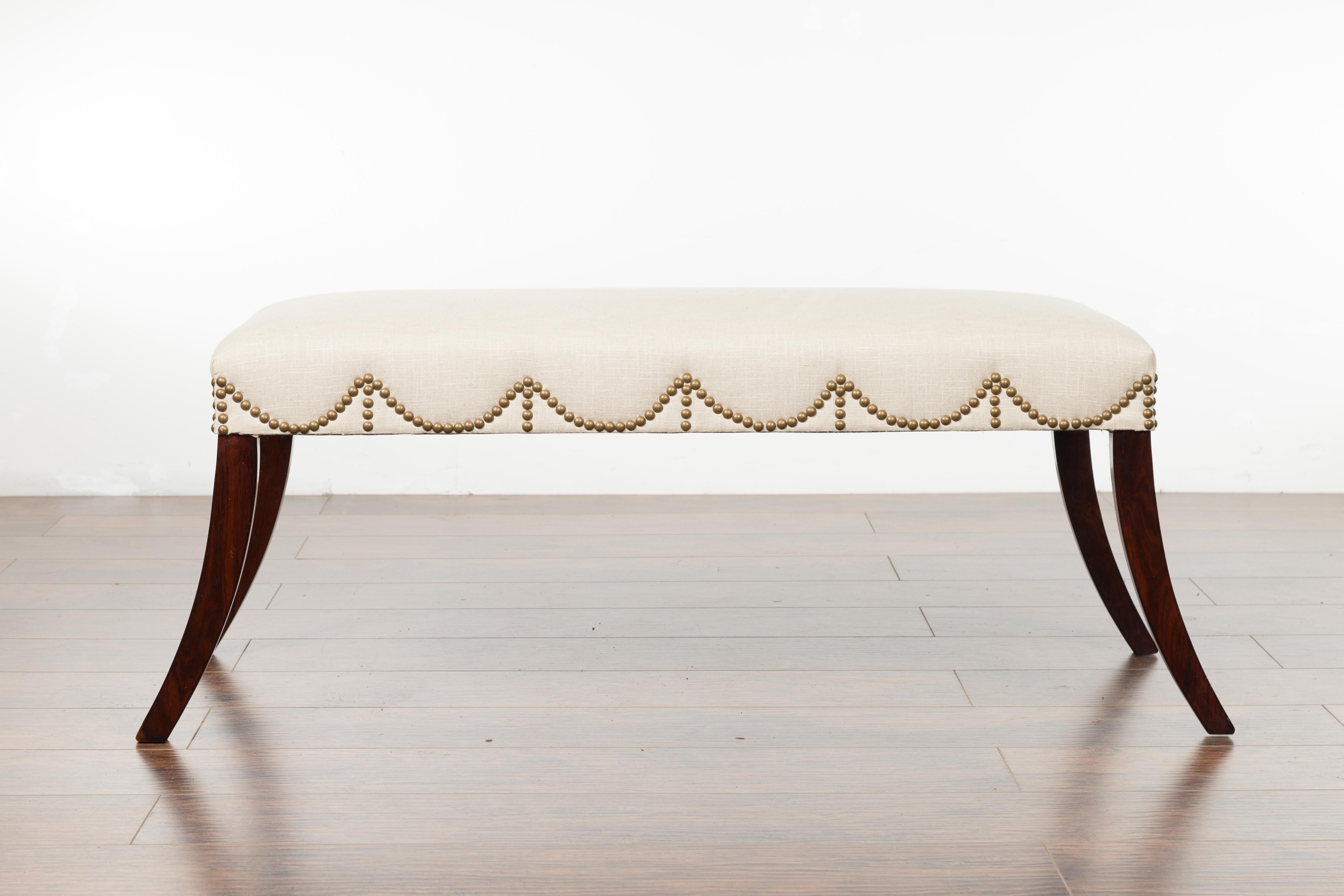 English 1820s Regency Period Wooden Bench with Saber Legs and New Upholstery For Sale 7