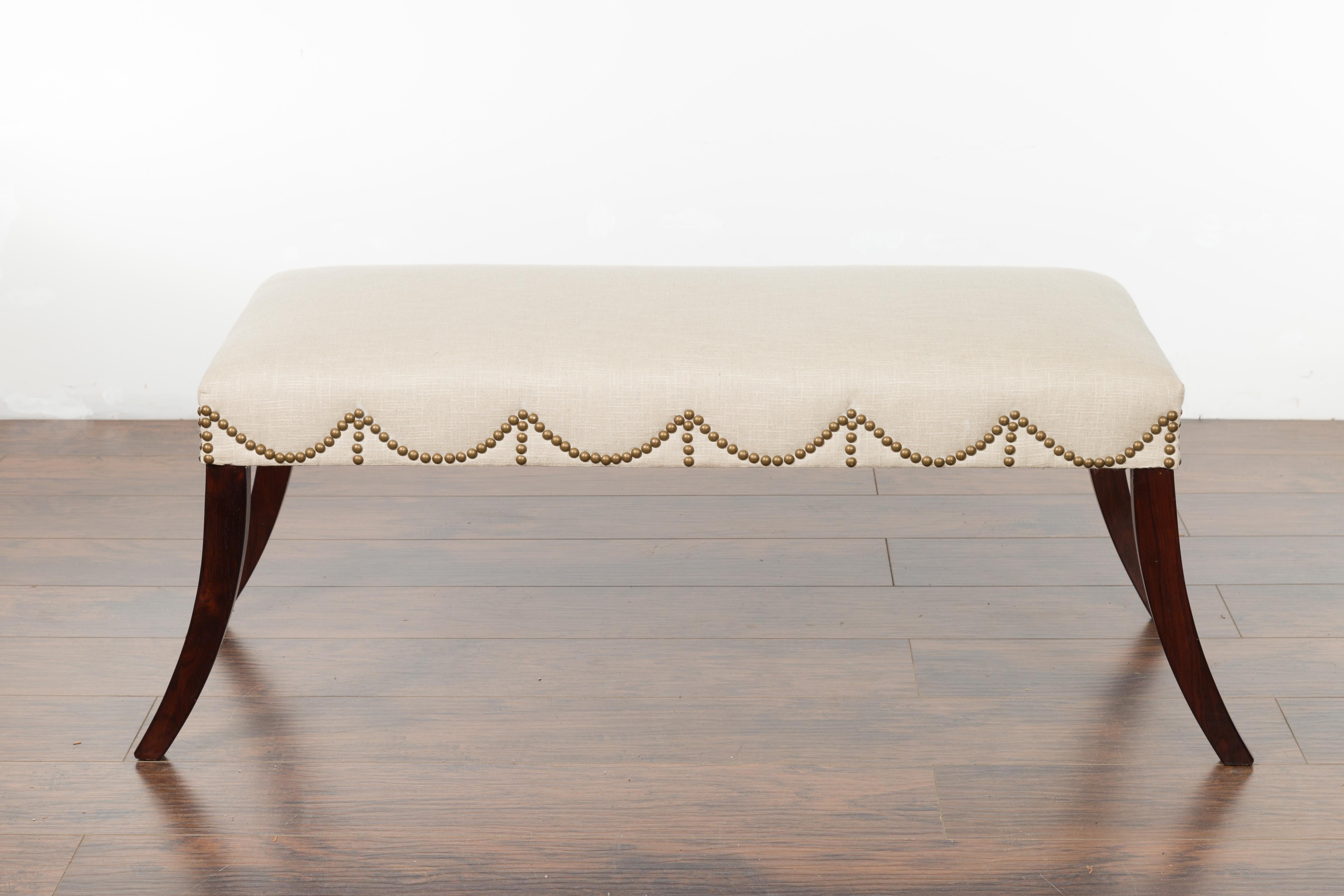 English 1820s Regency Period Wooden Bench with Saber Legs and New Upholstery In Good Condition For Sale In Atlanta, GA