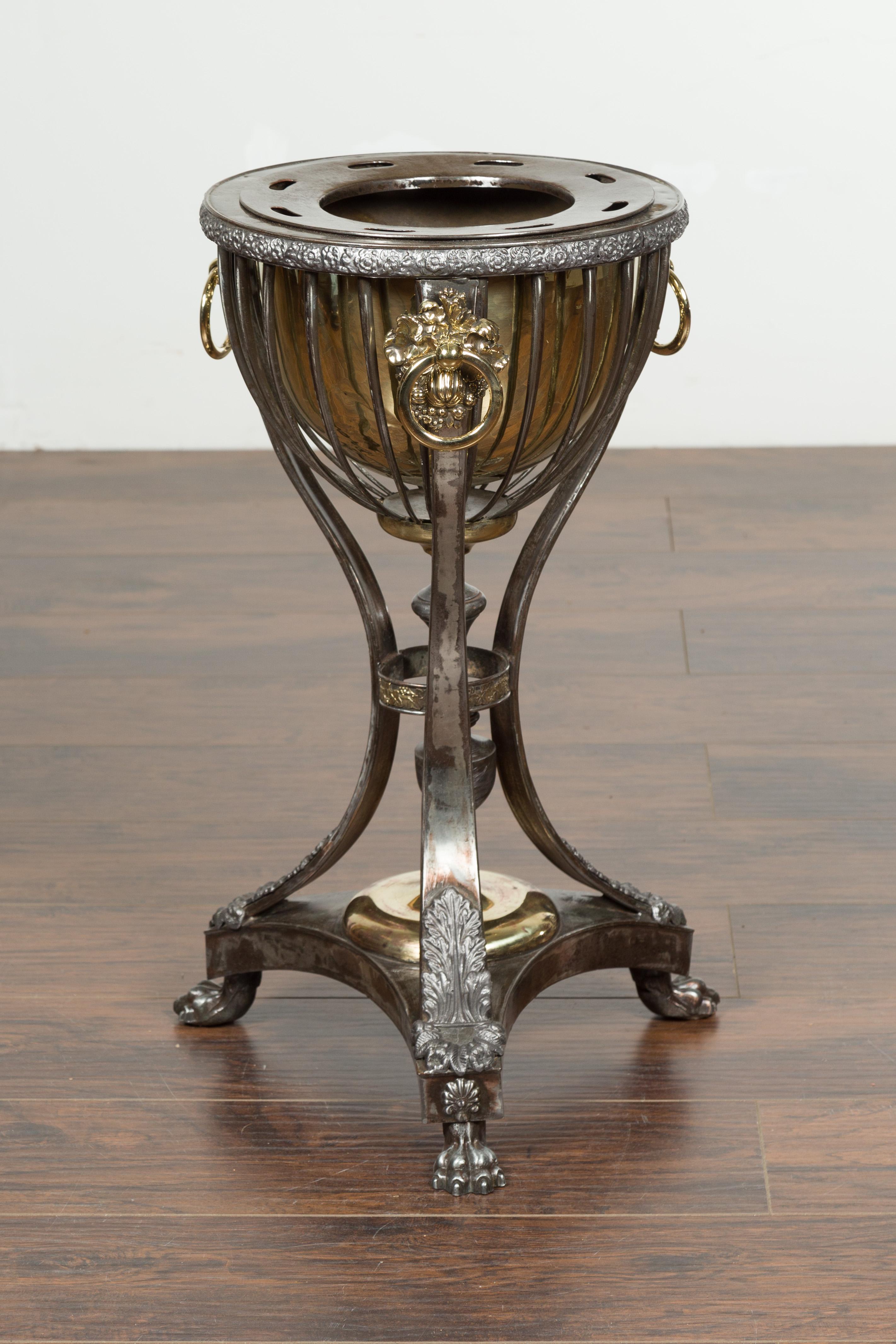 English 1820s Steel and Brass Tripod Wine Cooler with Foliage and Fruit Motifs For Sale 7