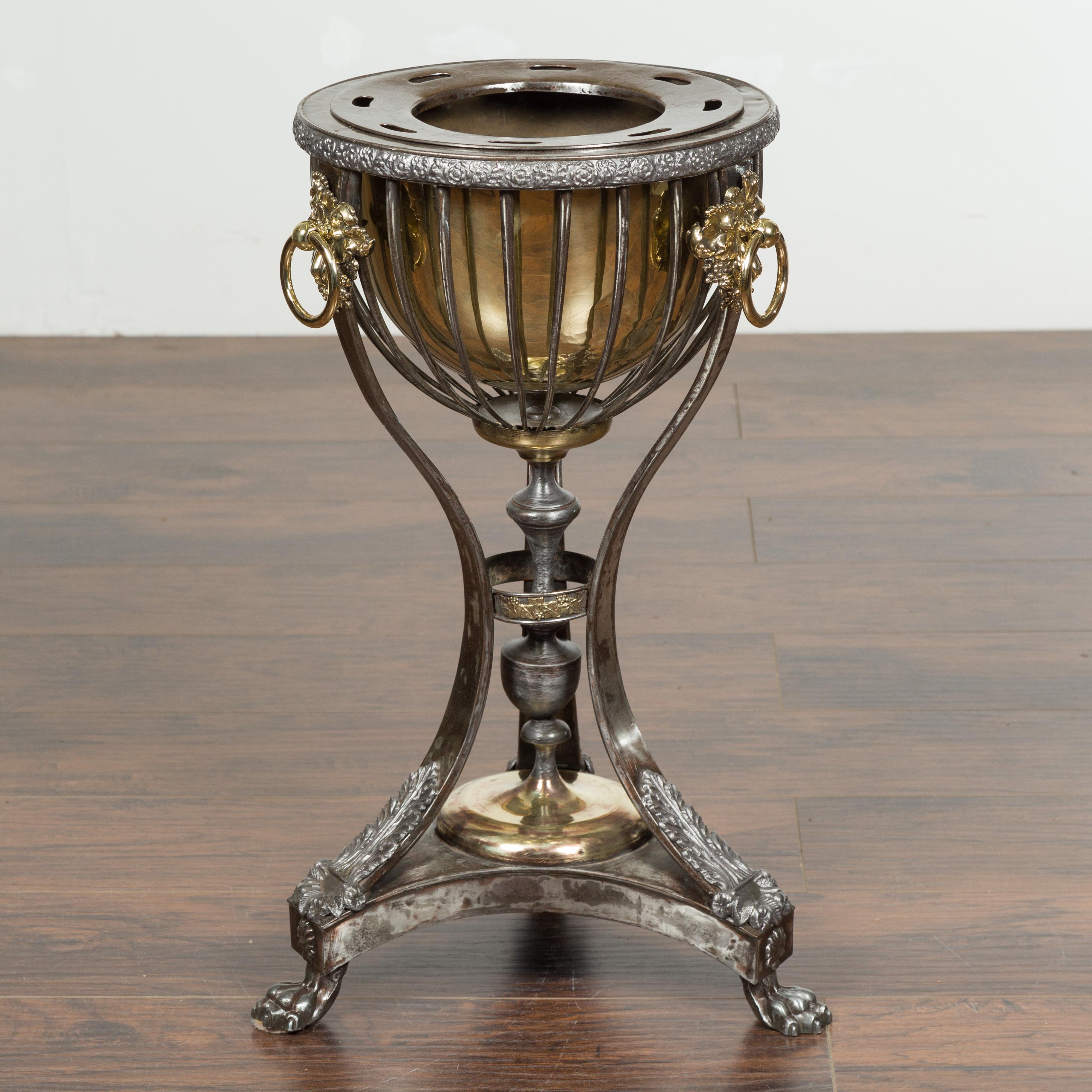 English 1820s Steel and Brass Tripod Wine Cooler with Foliage and Fruit Motifs For Sale 8