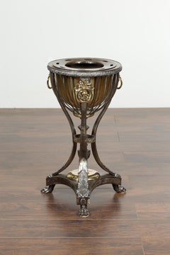 English 1820s Steel and Brass Tripod Wine Cooler with Foliage and Fruit Motifs