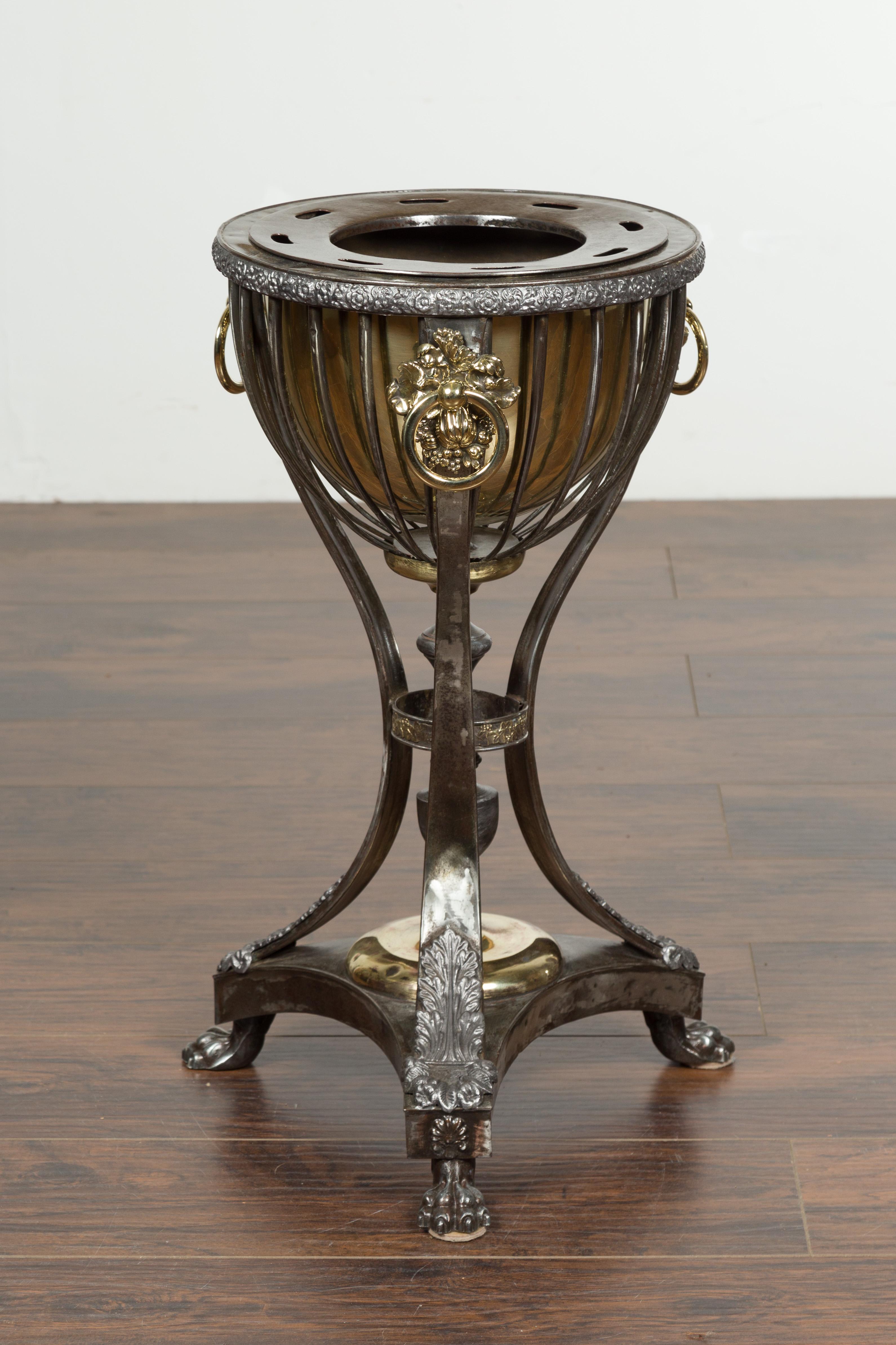 English 1820s Steel and Brass Tripod Wine Cooler with Foliage and Fruit Motifs In Good Condition For Sale In Atlanta, GA