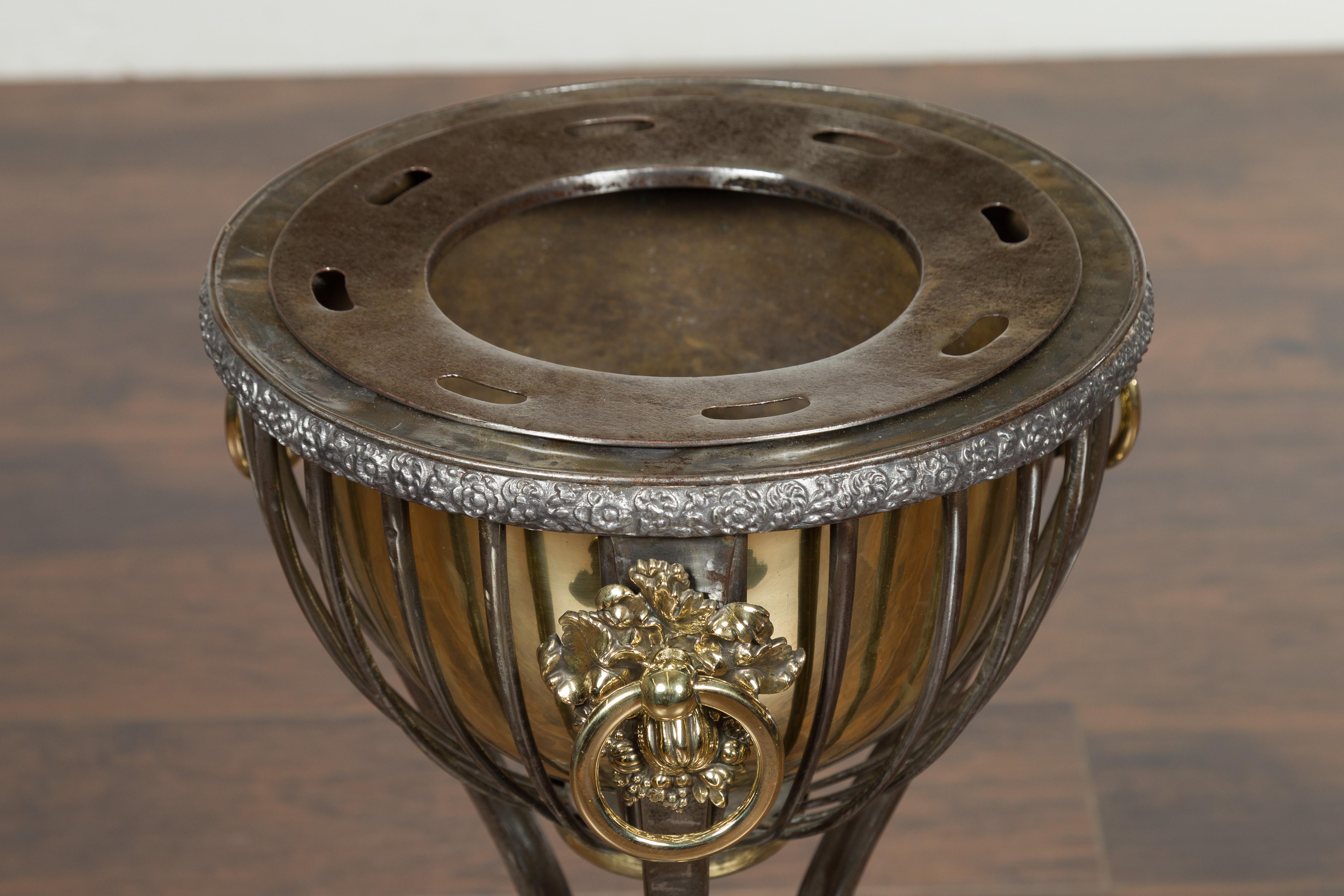 19th Century English 1820s Steel and Brass Tripod Wine Cooler with Foliage and Fruit Motifs For Sale