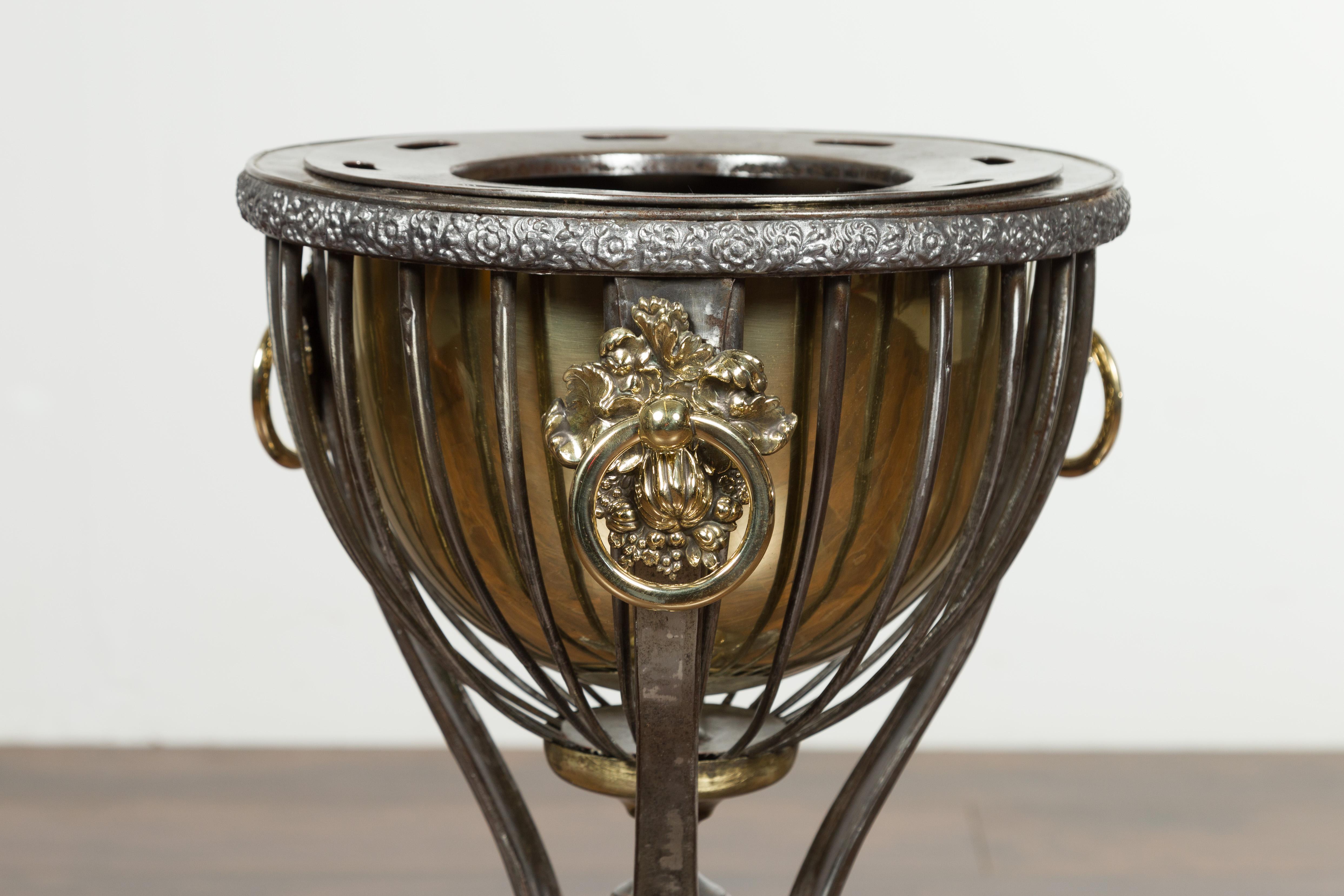English 1820s Steel and Brass Tripod Wine Cooler with Foliage and Fruit Motifs For Sale 1
