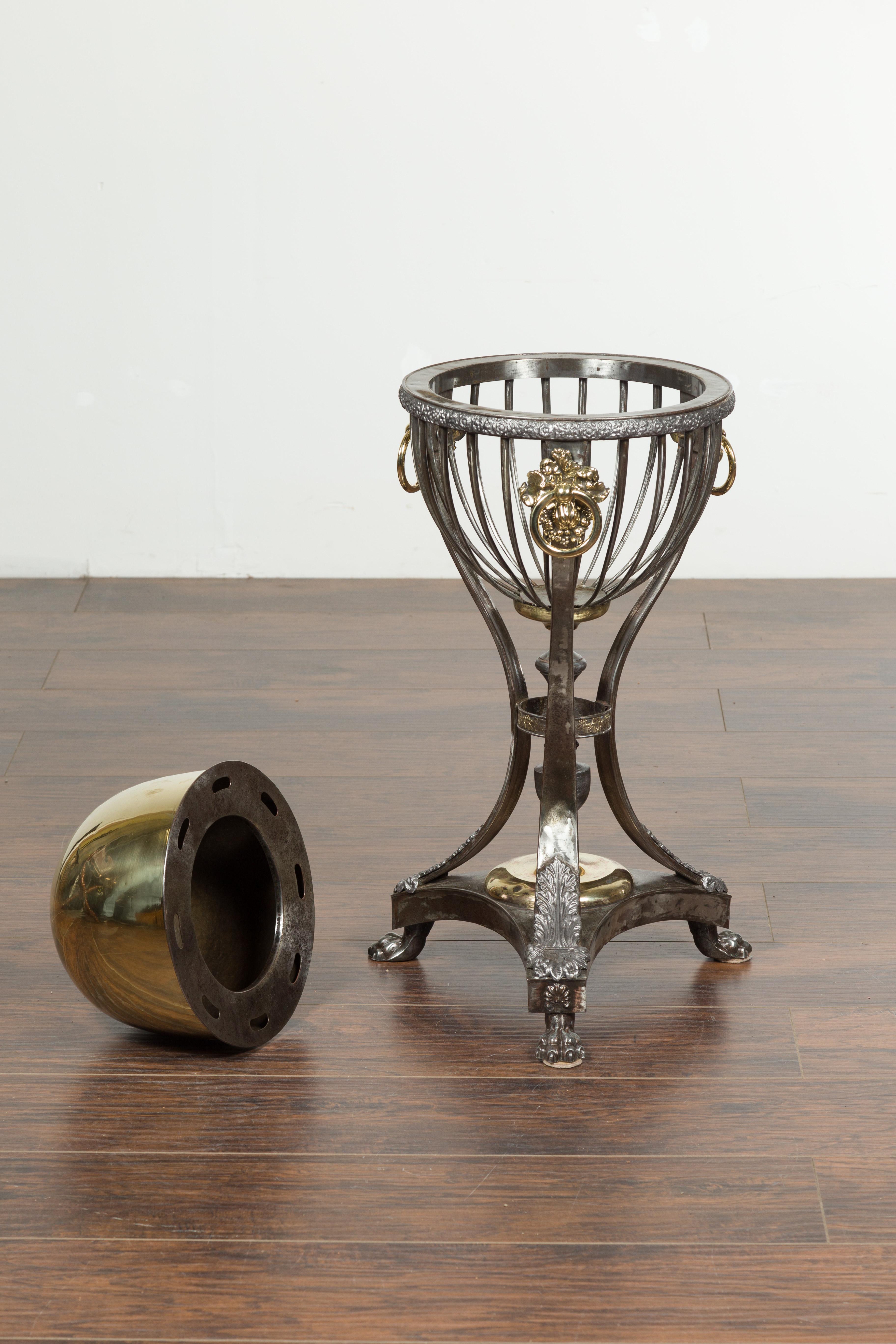 English 1820s Steel and Brass Tripod Wine Cooler with Foliage and Fruit Motifs For Sale 3