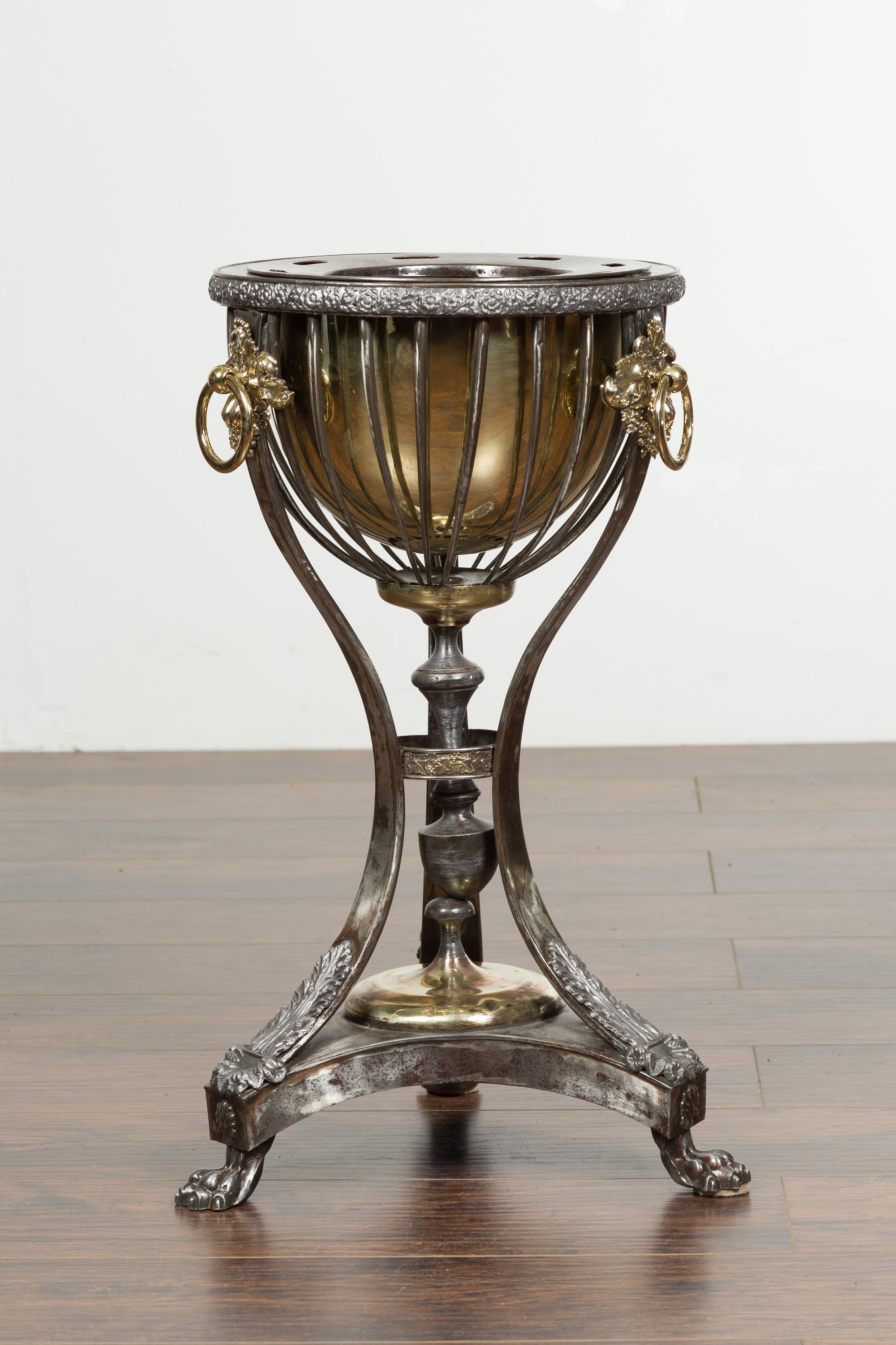 English 1820s Steel and Brass Tripod Wine Cooler with Foliage and Fruit Motifs For Sale 4