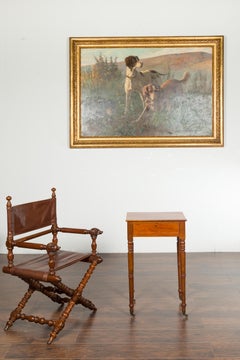 English 1820s Walnut Side Table with Single Drawer, Turned Legs and Casters
