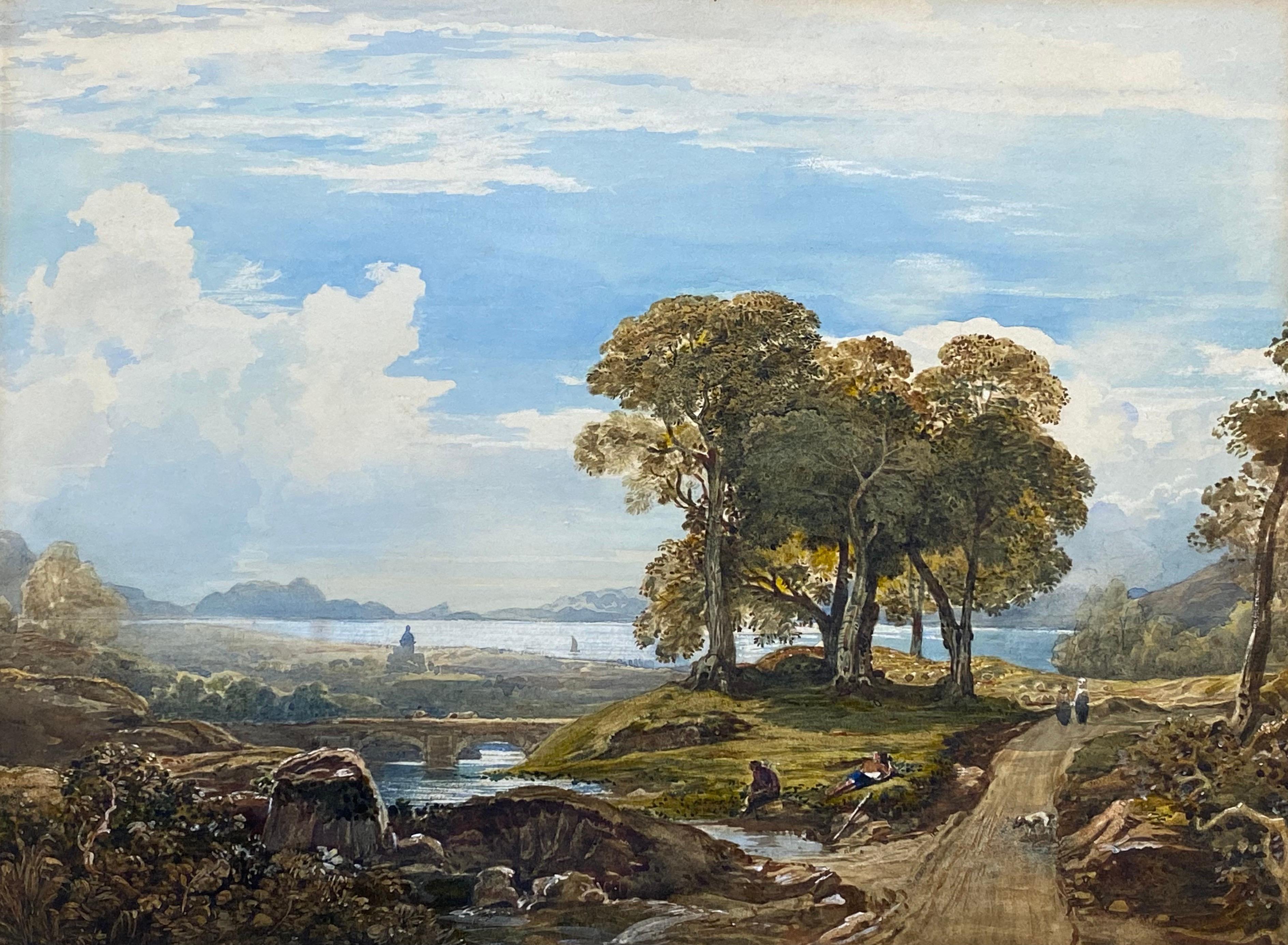 Schottische viktorianische Malerei der frühen 1830er Jahre Figuren in einer Hochland-Loch-Landschaft – Painting von English 1830's