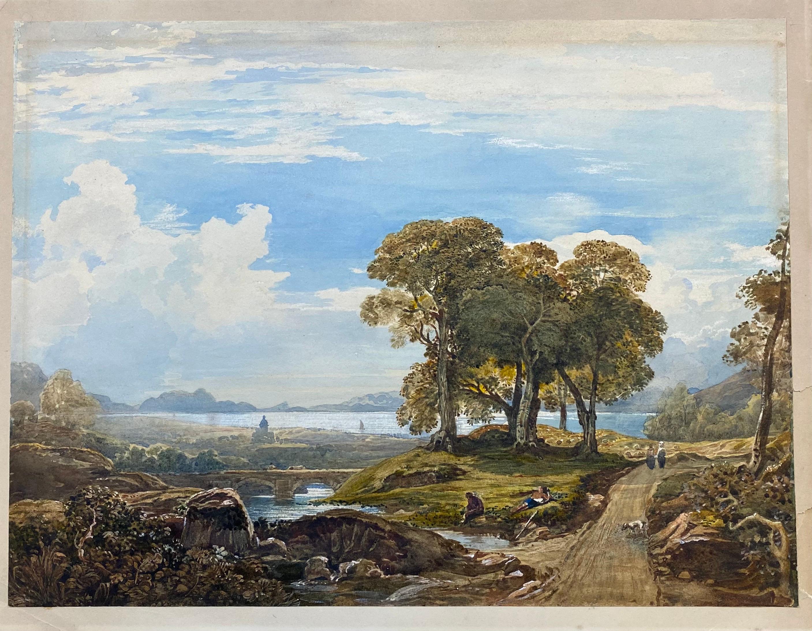 Schottische viktorianische Malerei der frühen 1830er Jahre Figuren in einer Hochland-Loch-Landschaft (Viktorianisch), Painting, von English 1830's
