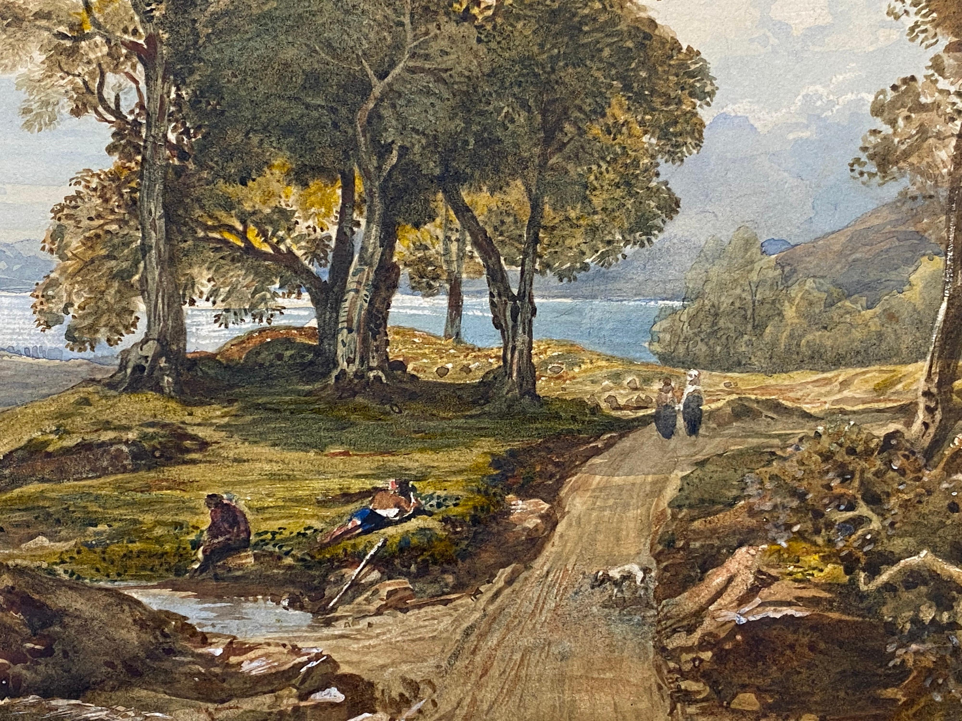 Schottische viktorianische Malerei der frühen 1830er Jahre Figuren in einer Hochland-Loch-Landschaft (Grau), Landscape Painting, von English 1830's