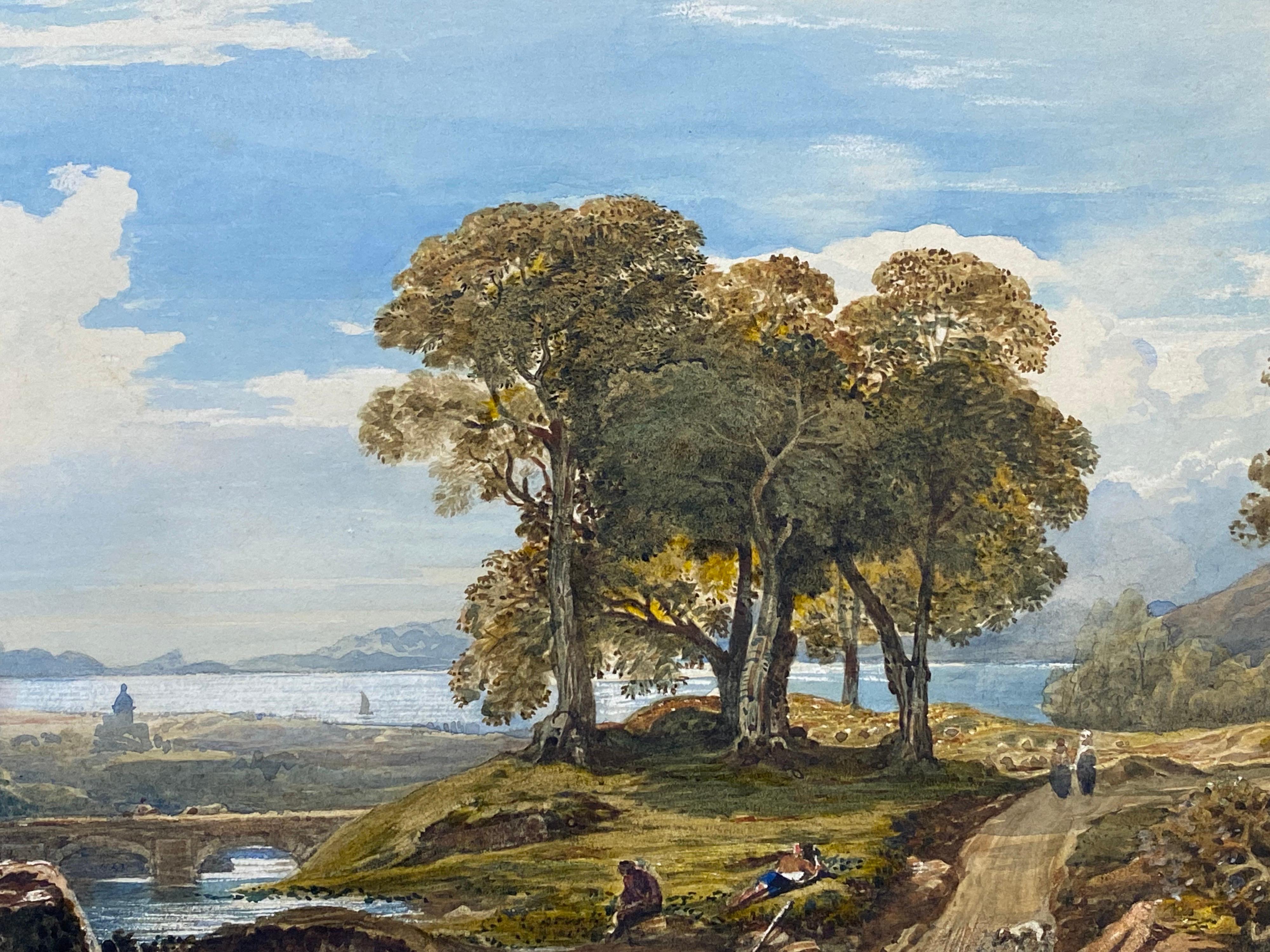 English 1830's Landscape Painting – Schottische viktorianische Malerei der frühen 1830er Jahre Figuren in einer Hochland-Loch-Landschaft