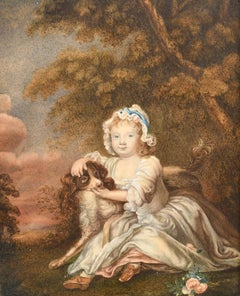 Fine Antique English 1830's Portrait of Young Girl with Spaniel Dog in Landscape