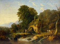 Fine Antique English Oil 1830's Figures Country Watermill Country Landscape