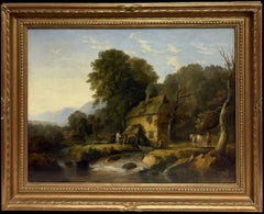 Fine Antique English Oil 1830's Figures Country Watermill Country Landscape