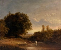 Fine Early Victorian Oil Painting Cattle River Landscape at Sunset Golden Light