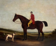 Gran pintura al óleo de arte deportivo inglés de 1830 Cazador a caballo y perro