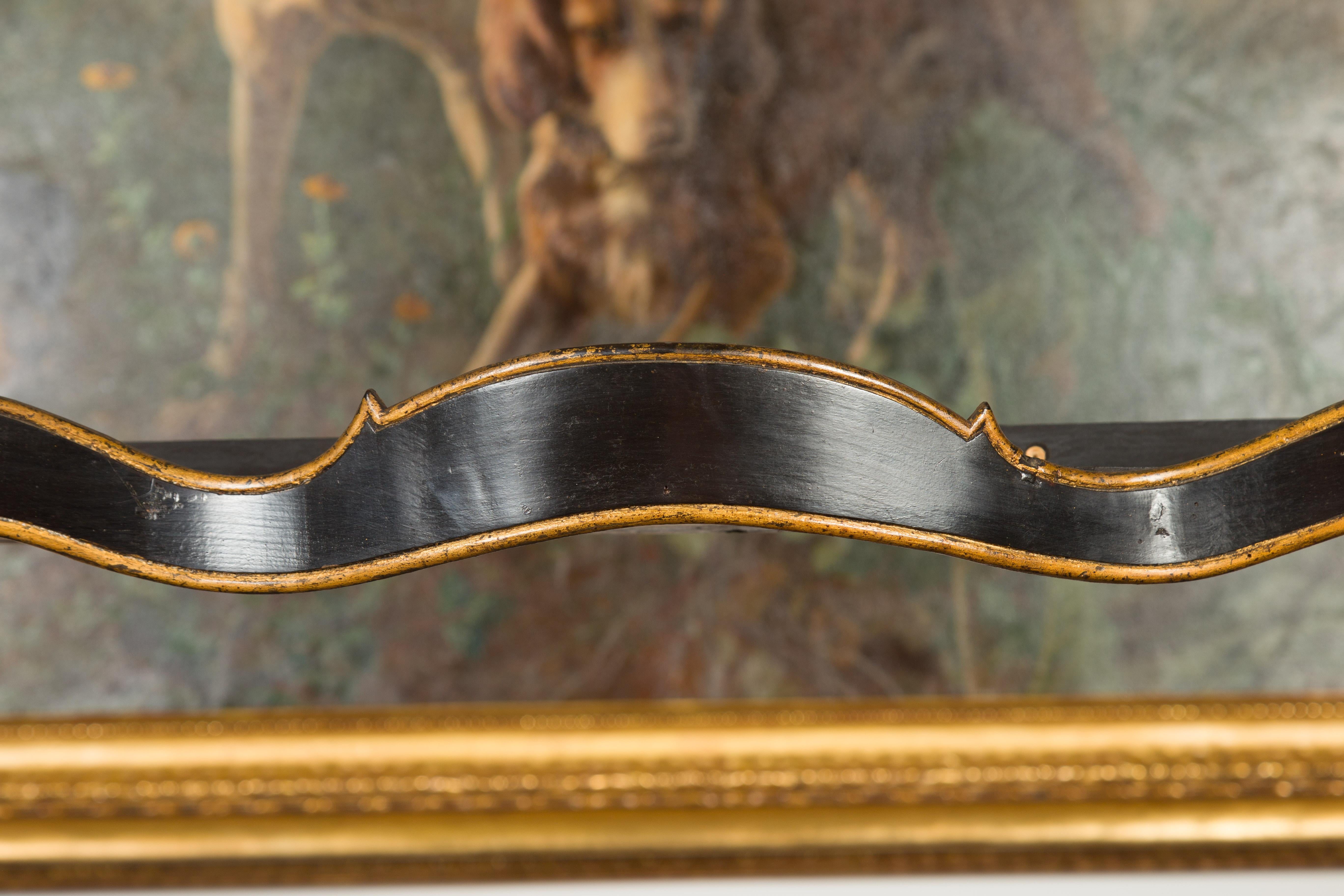 Ebonized English 1830s Regency Black and Gold Serpentine Front Wall Hanging Shelf