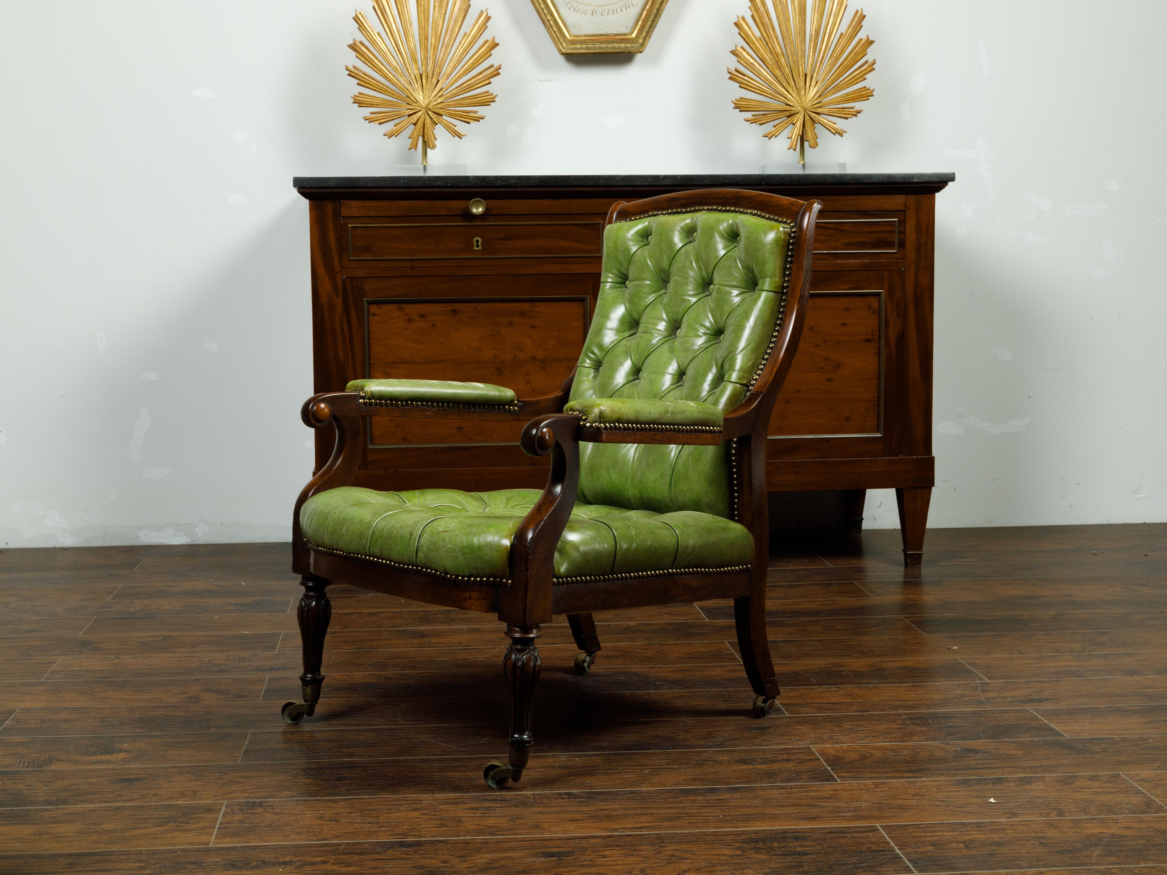English 1830s Regency Green Tufted Leather Club Chair with Scrolling Arms For Sale 2