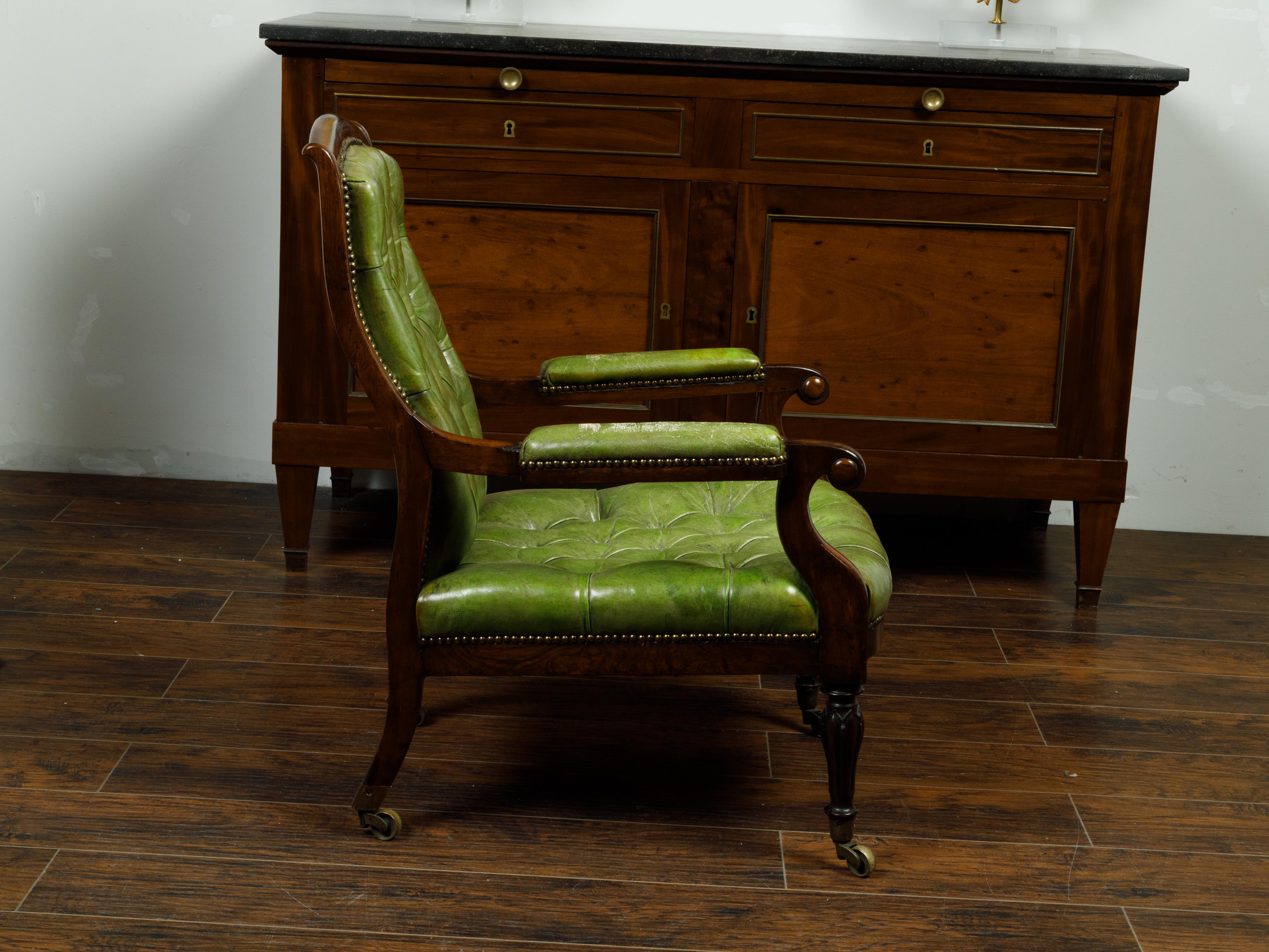 English 1830s Regency Green Tufted Leather Club Chair with Scrolling Arms In Good Condition For Sale In Atlanta, GA