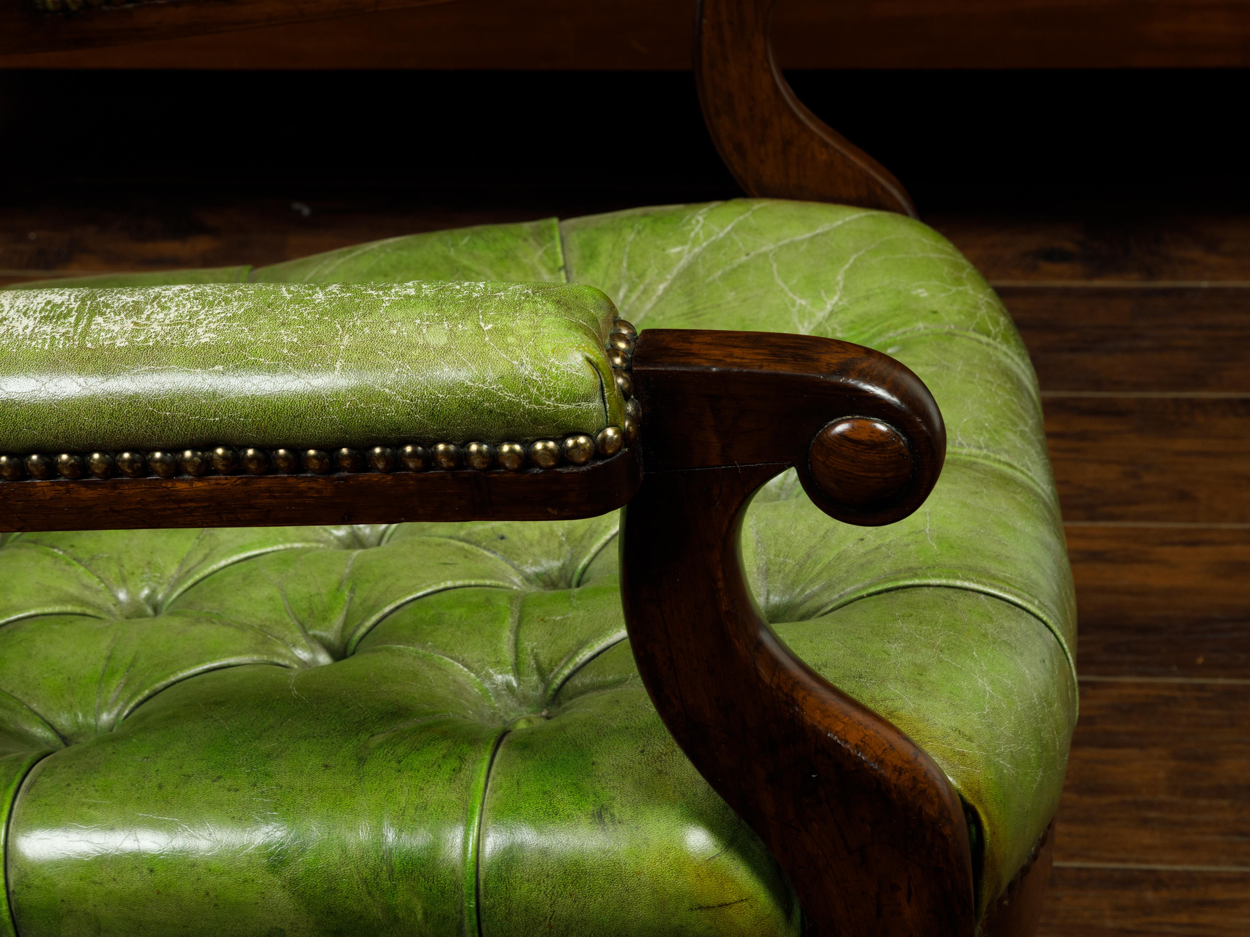19th Century English 1830s Regency Green Tufted Leather Club Chair with Scrolling Arms For Sale