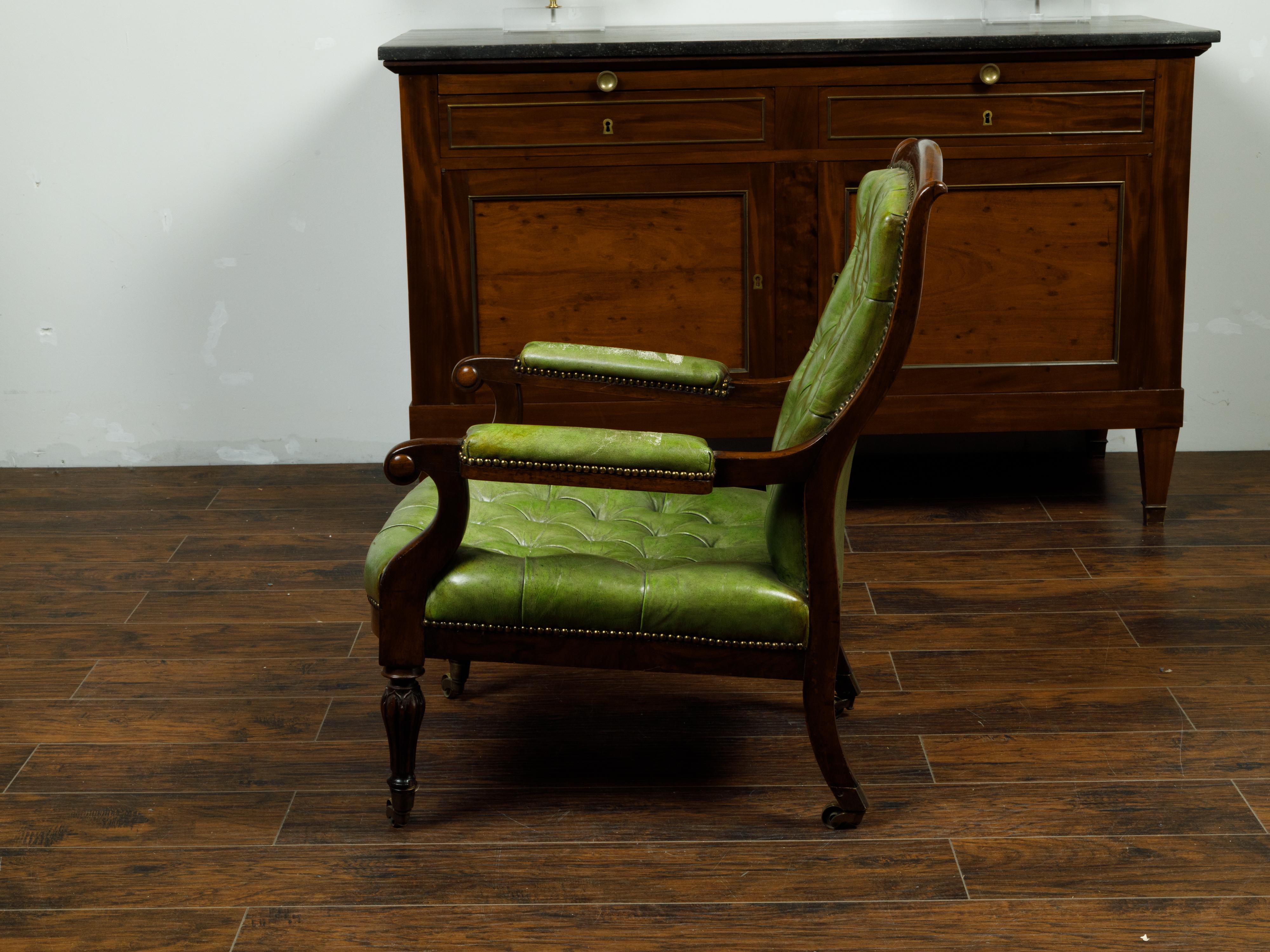 English 1830s Regency Green Tufted Leather Club Chair with Scrolling Arms For Sale 1