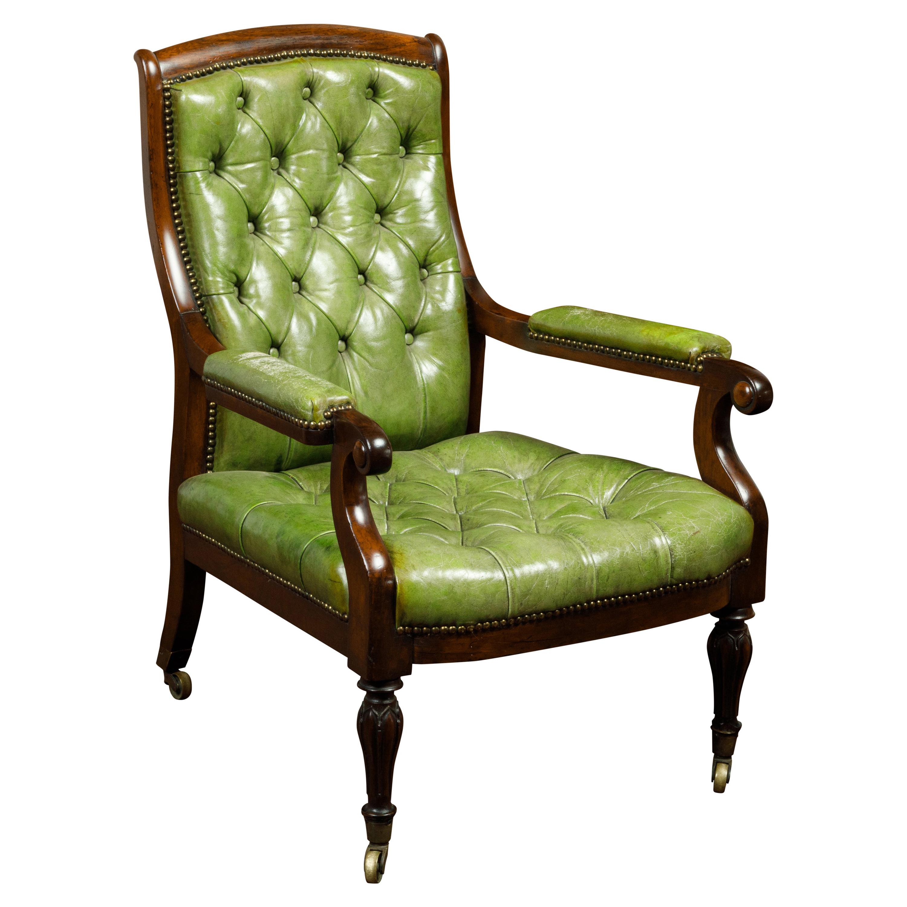 English 1830s Regency Green Tufted Leather Club Chair with Scrolling Arms