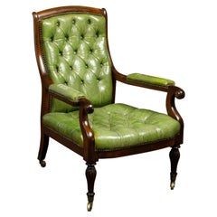 Antique English 1830s Regency Green Tufted Leather Club Chair with Scrolling Arms