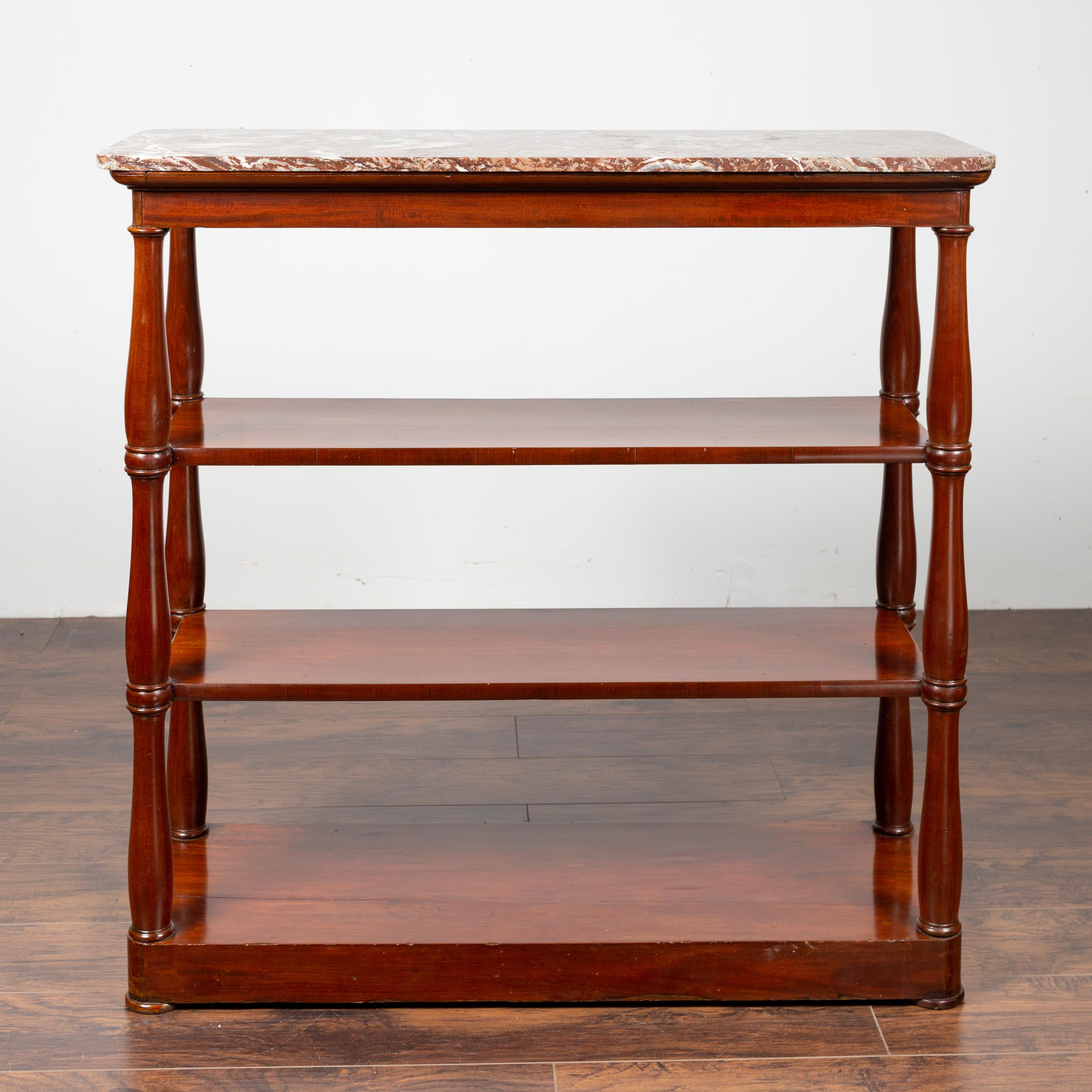 Turned English 1840 Mahogany Étagère with Red Marble Top and Baluster Supports For Sale