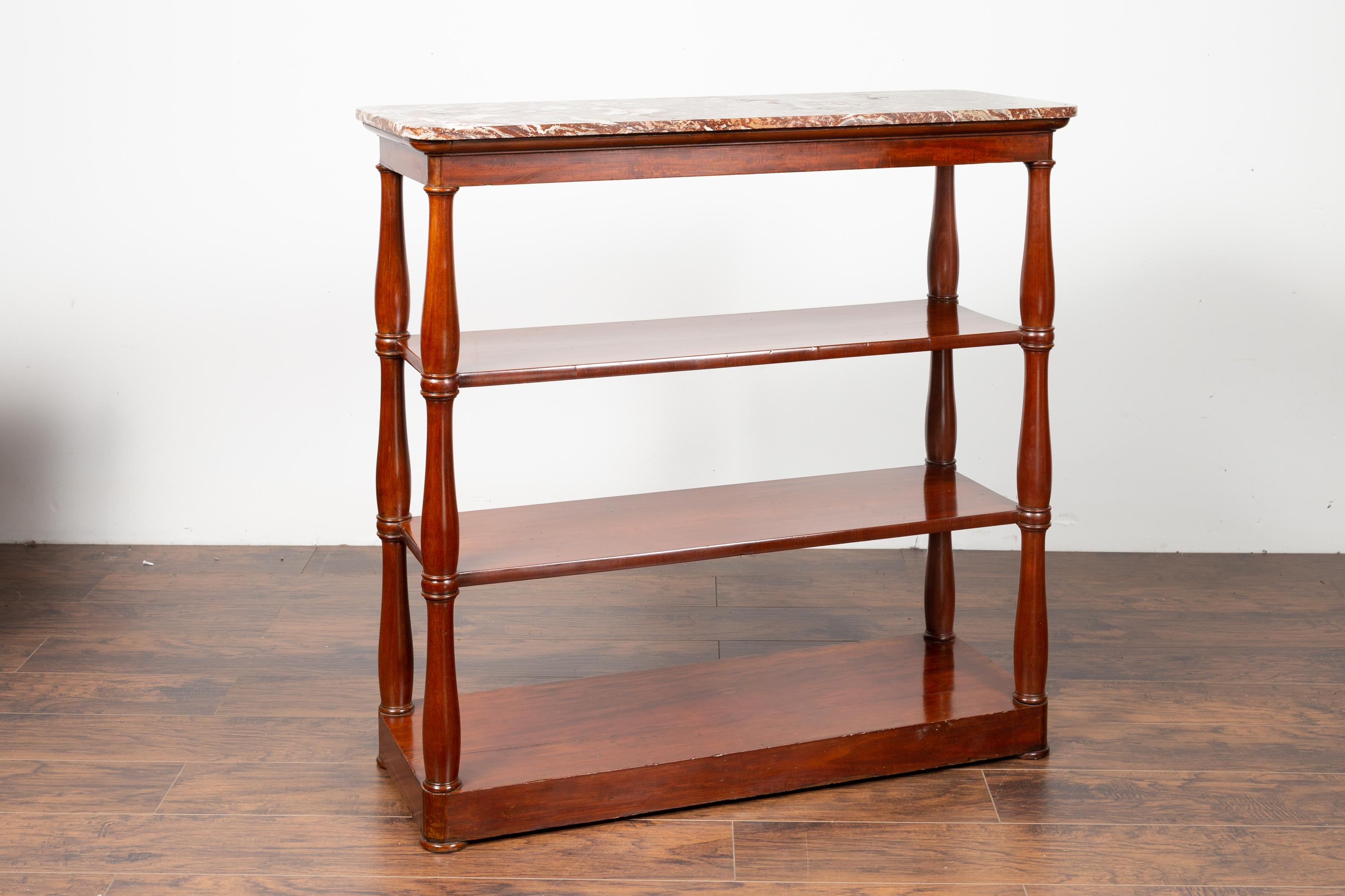 19th Century English 1840 Mahogany Étagère with Red Marble Top and Baluster Supports For Sale