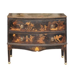 English 1840s Black and Polychrome Chinoiserie Bow-Front Two-Drawer Commode
