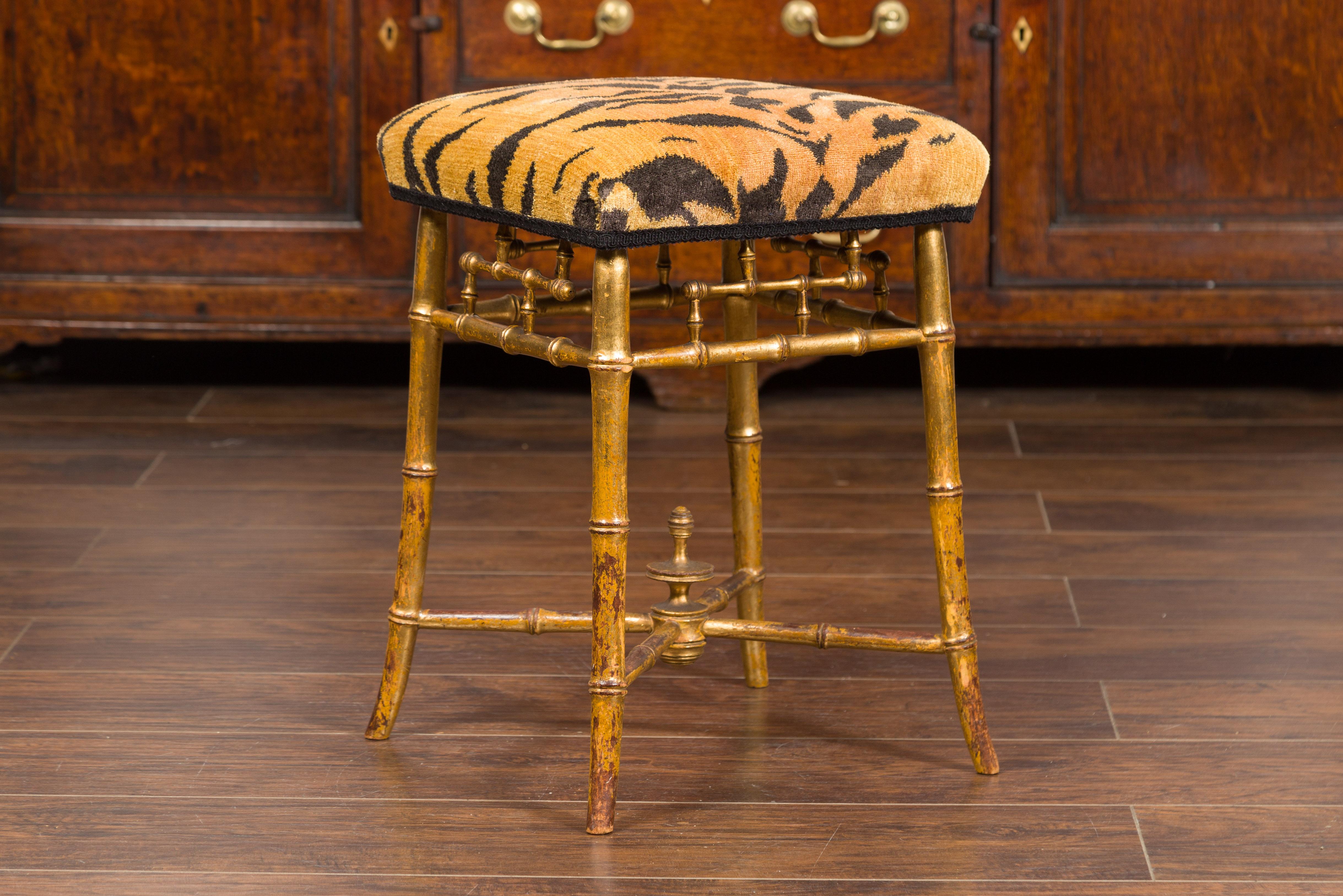 English 1840s Chinese Chippendale Style Gilt Faux Bamboo Stool with Tiger Fabric 4