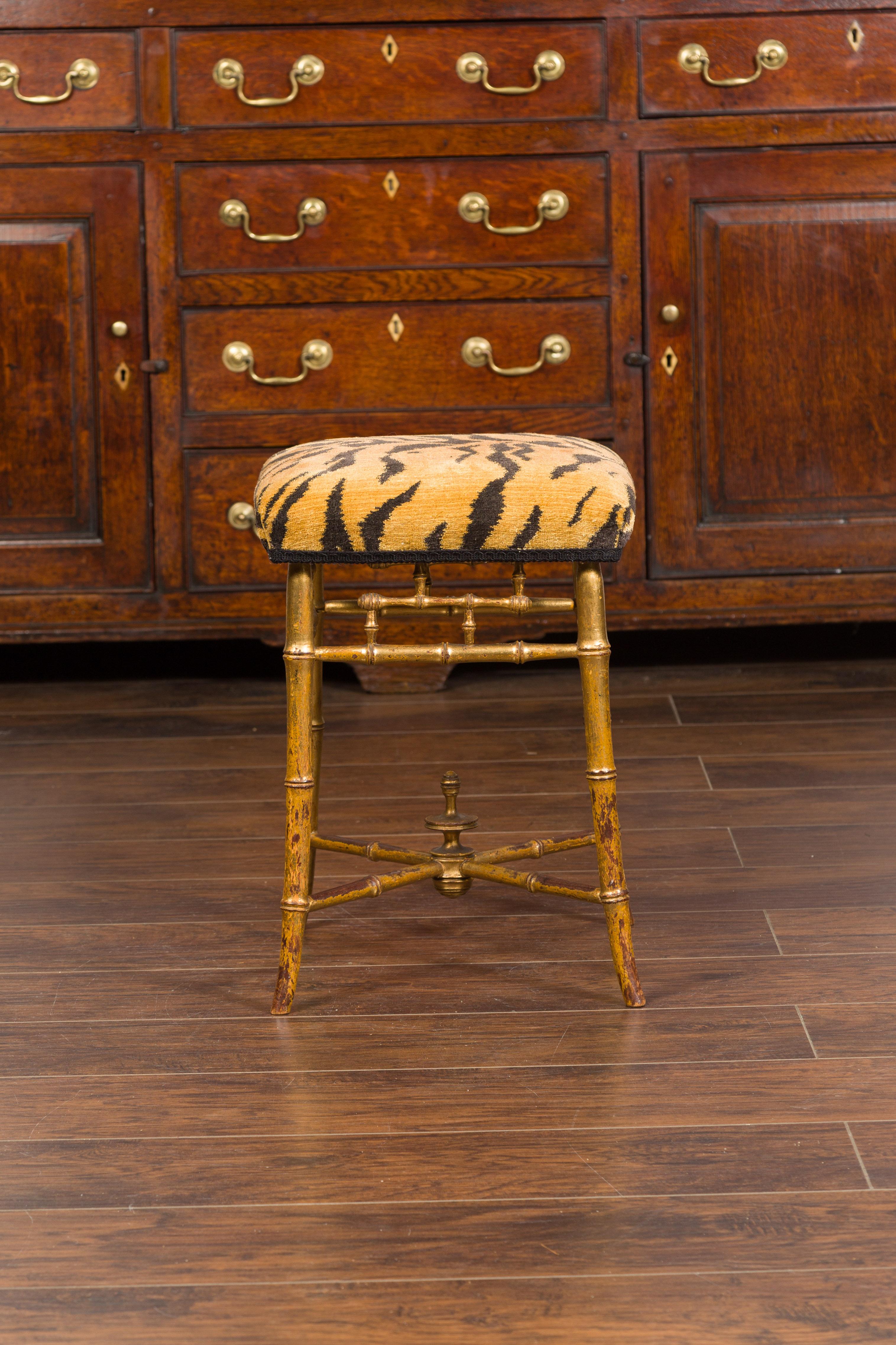 English 1840s Chinese Chippendale Style Gilt Faux Bamboo Stool with Tiger Fabric 5