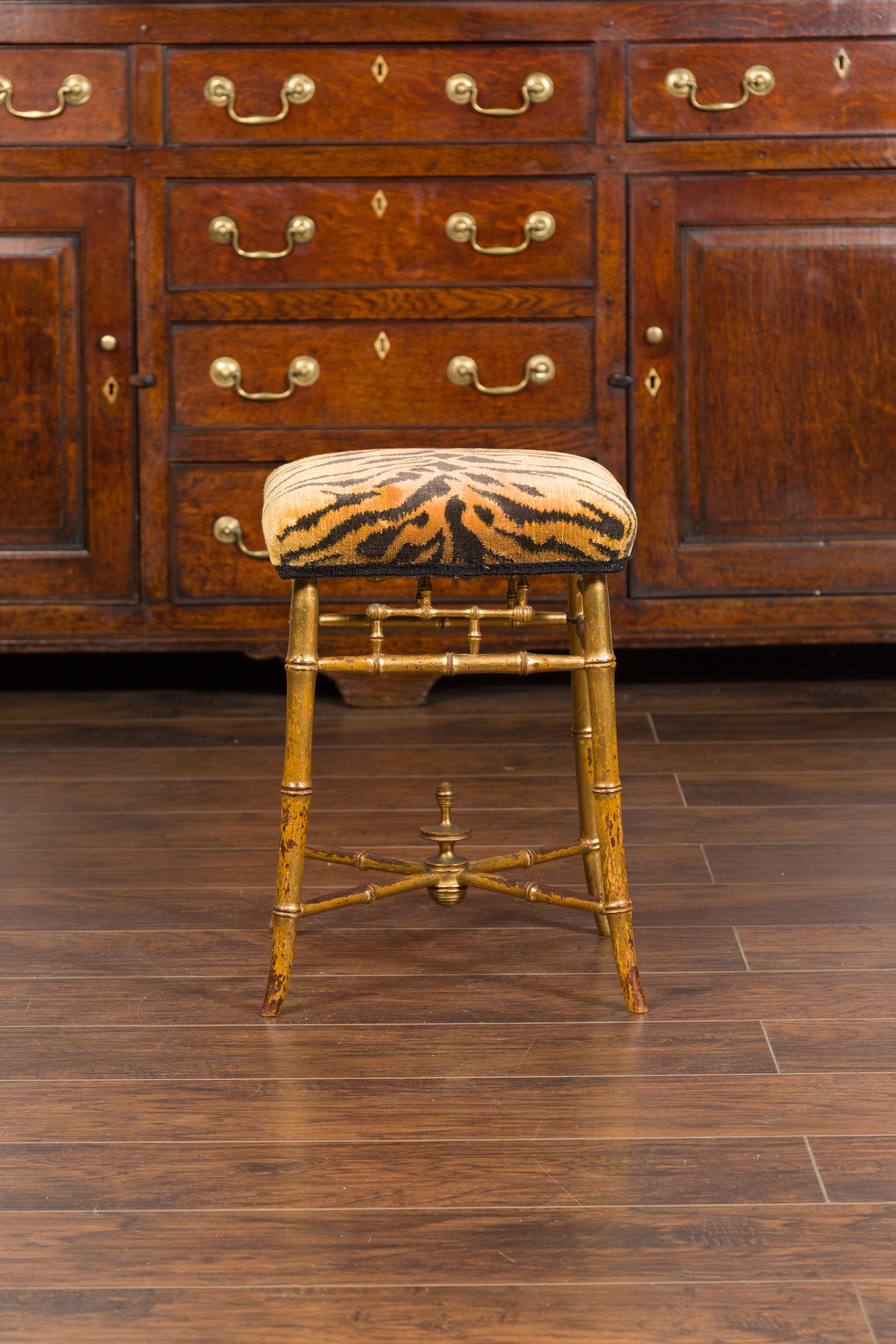English 1840s Chinese Chippendale Style Gilt Faux Bamboo Stool with Tiger Fabric 6
