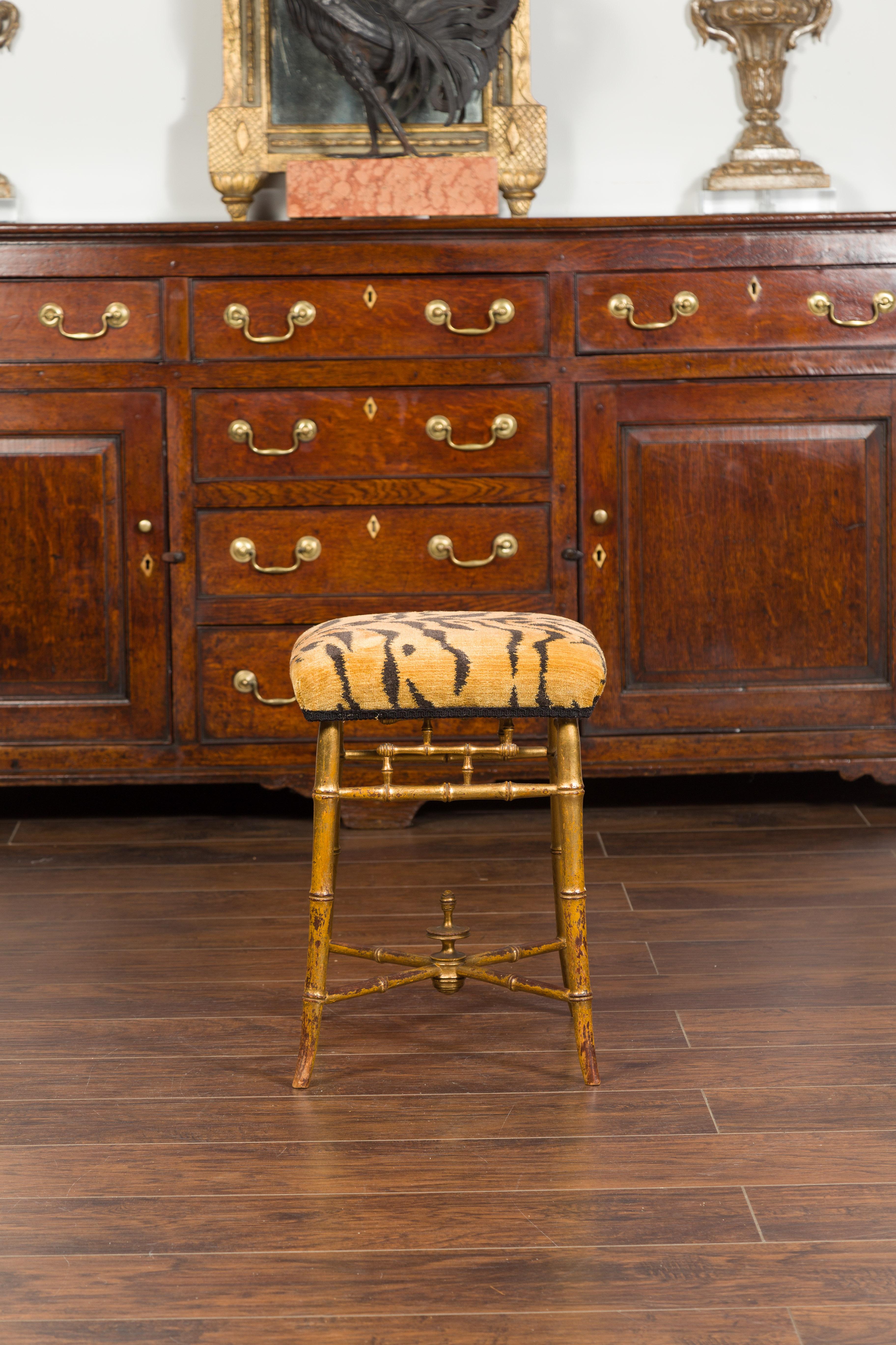 English 1840s Chinese Chippendale Style Gilt Faux Bamboo Stool with Tiger Fabric 7
