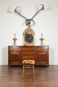 English 1840s Chinese Chippendale Style Gilt Faux Bamboo Stool with Tiger Fabric