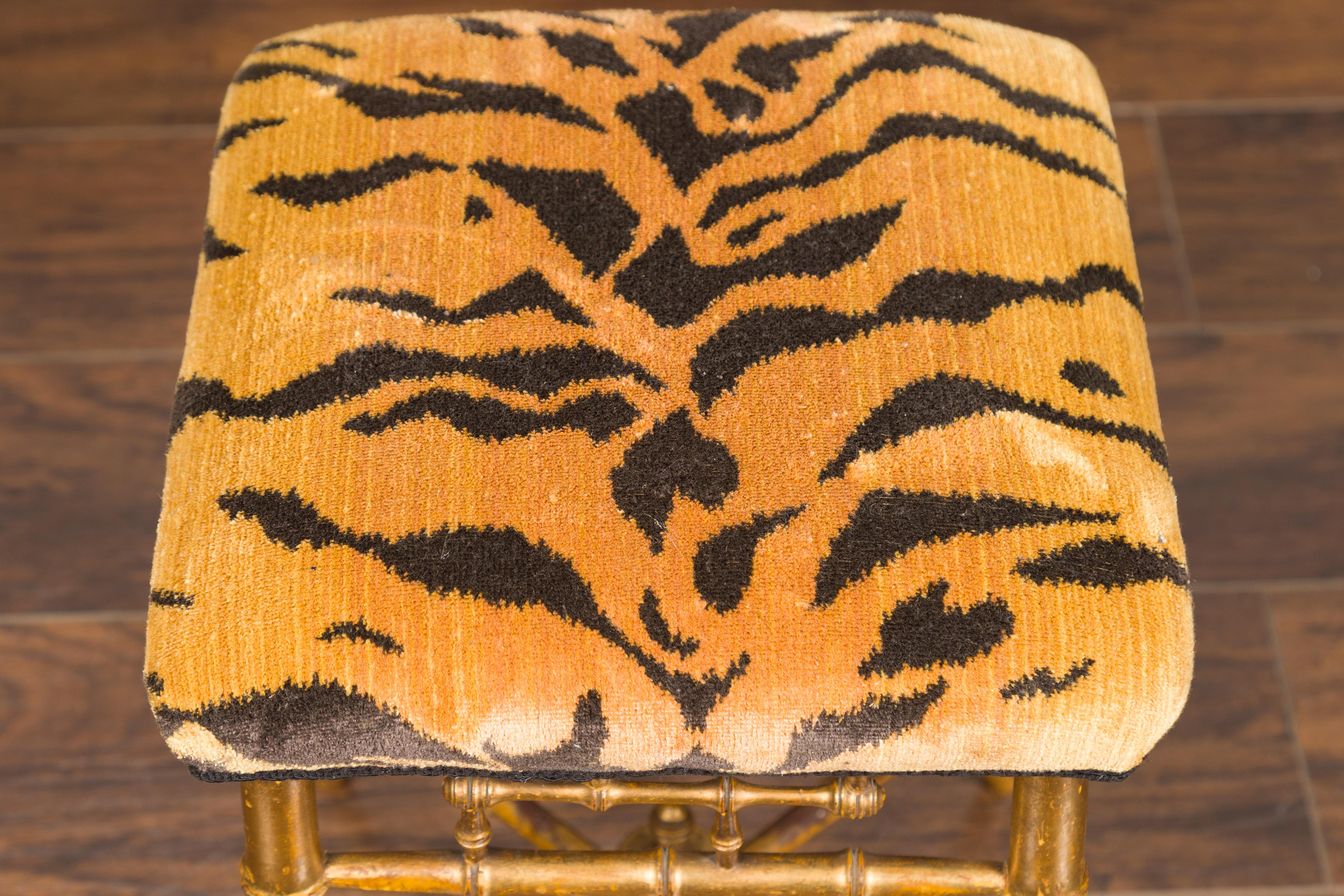 19th Century English 1840s Chinese Chippendale Style Gilt Faux Bamboo Stool with Tiger Fabric